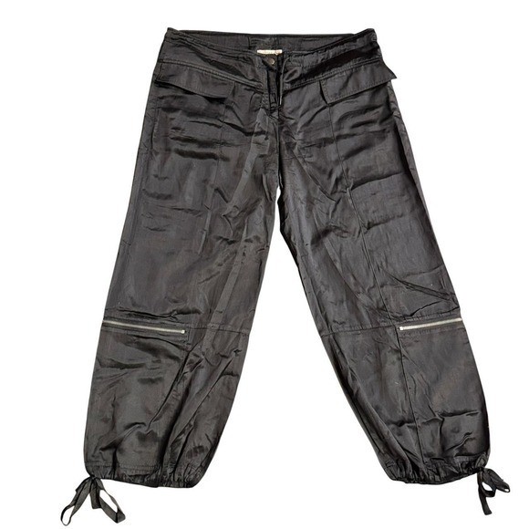 Y2K Black Cargo Capri Pants Zip Knee Parachute Utility Tie Hem Silk Blend M