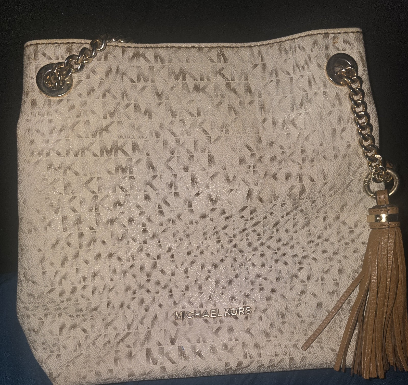 Michael Kors Logo Monogram Shoulder Bag Brown Strap Gold Hardware Tassel Charm