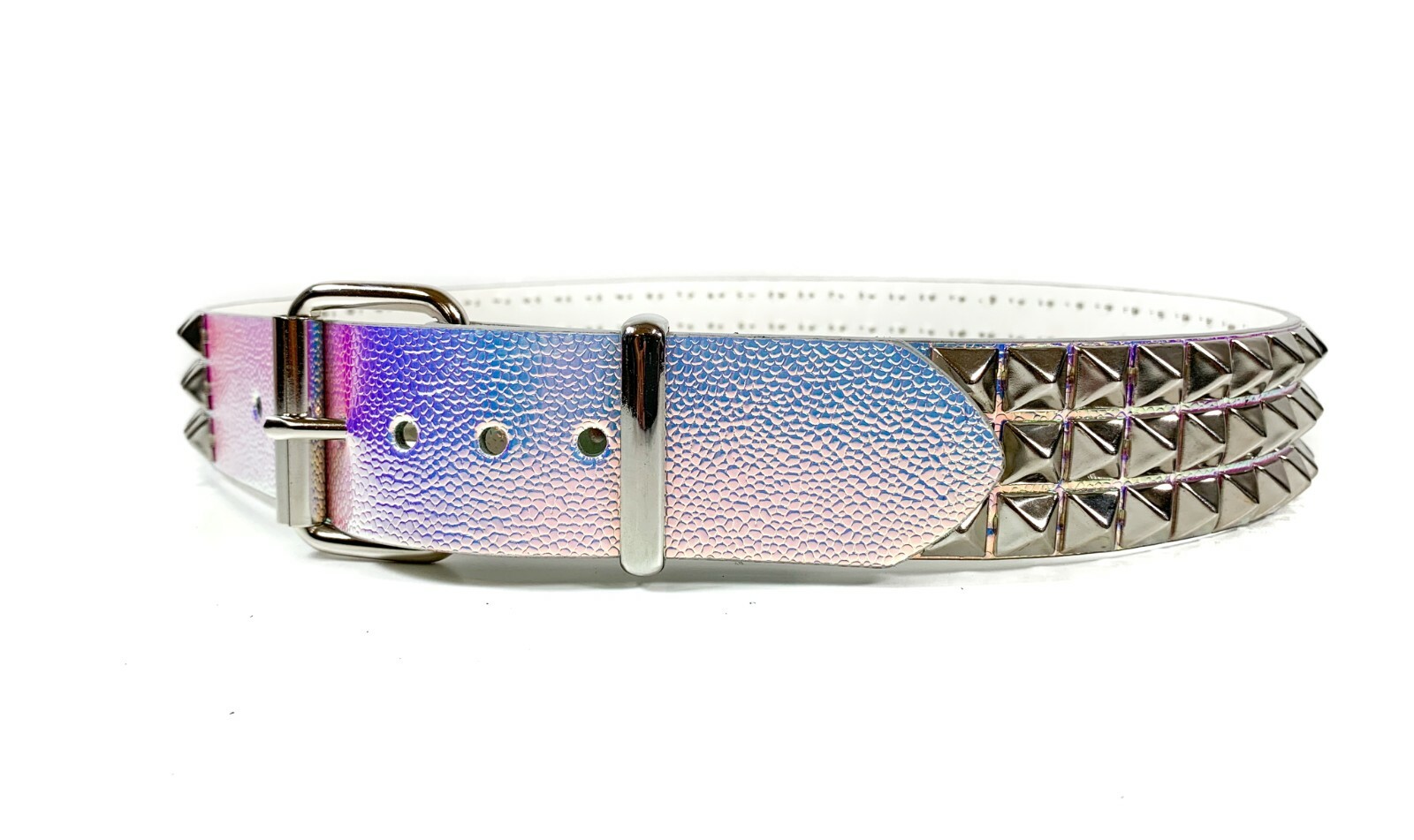 Rainbow Blue Three Row Pyramid Stud Belt Genuine Punk Goth Metal Funk Plus