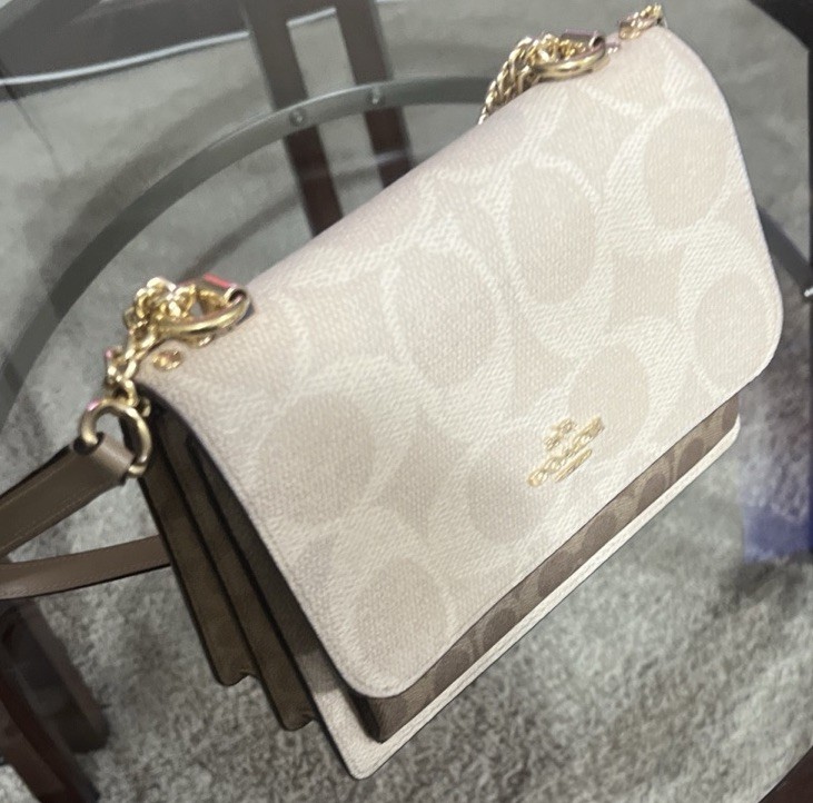 Coach Signature Logo Snap Flap Crossbody Bag Beige/Brown Gold Chain Strap