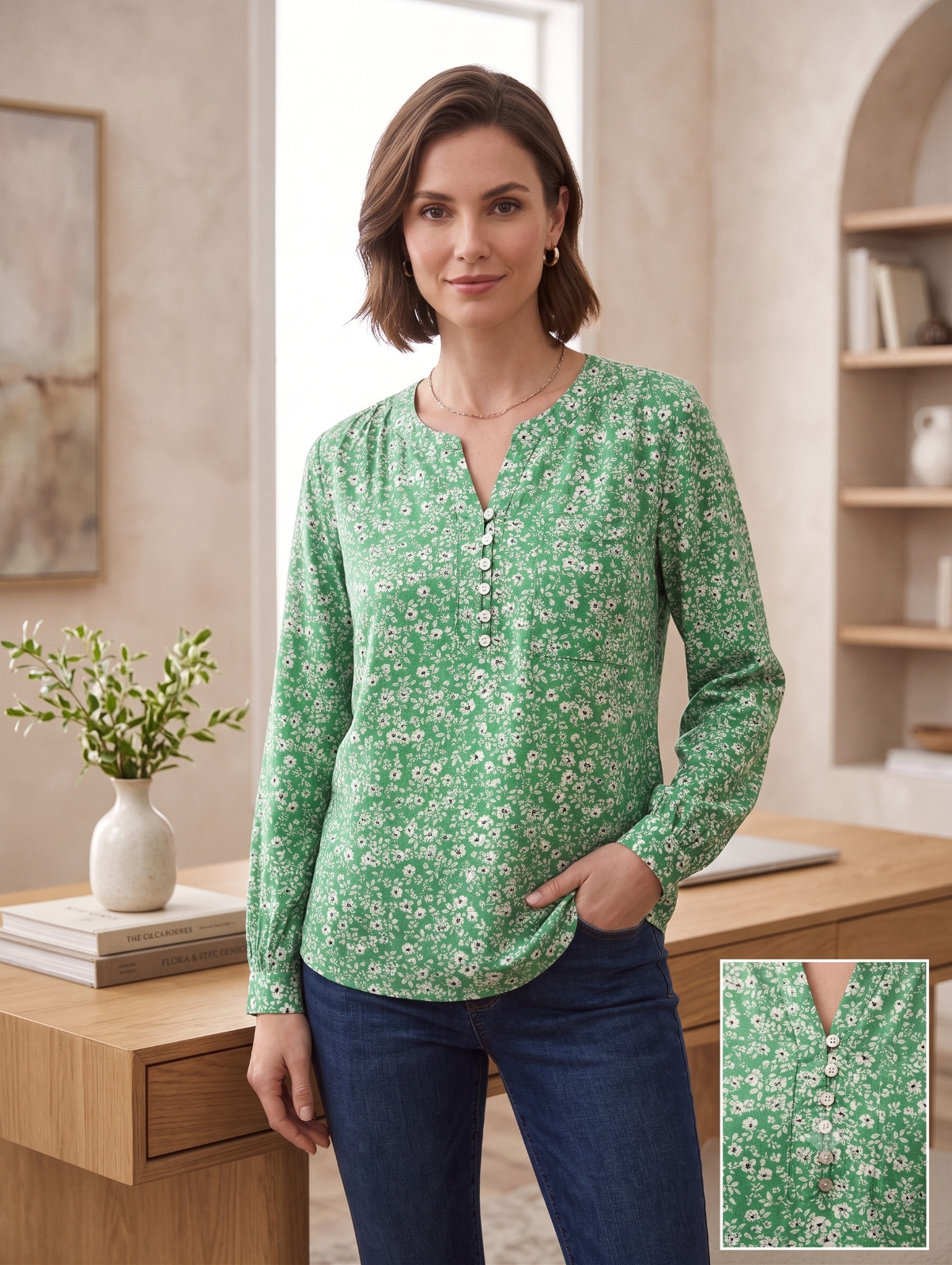 J. Jill long sleeve tunic top green & white floral open neck ditzy print Sz M