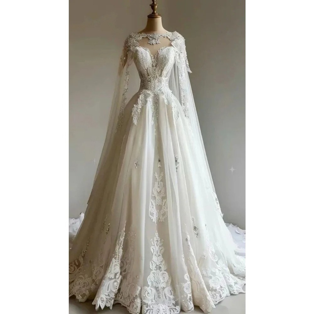 Keyhole Neck Cape Sleeve Lace Ball Gown Beaded Tulle Luxury Wedding Bridal Dress