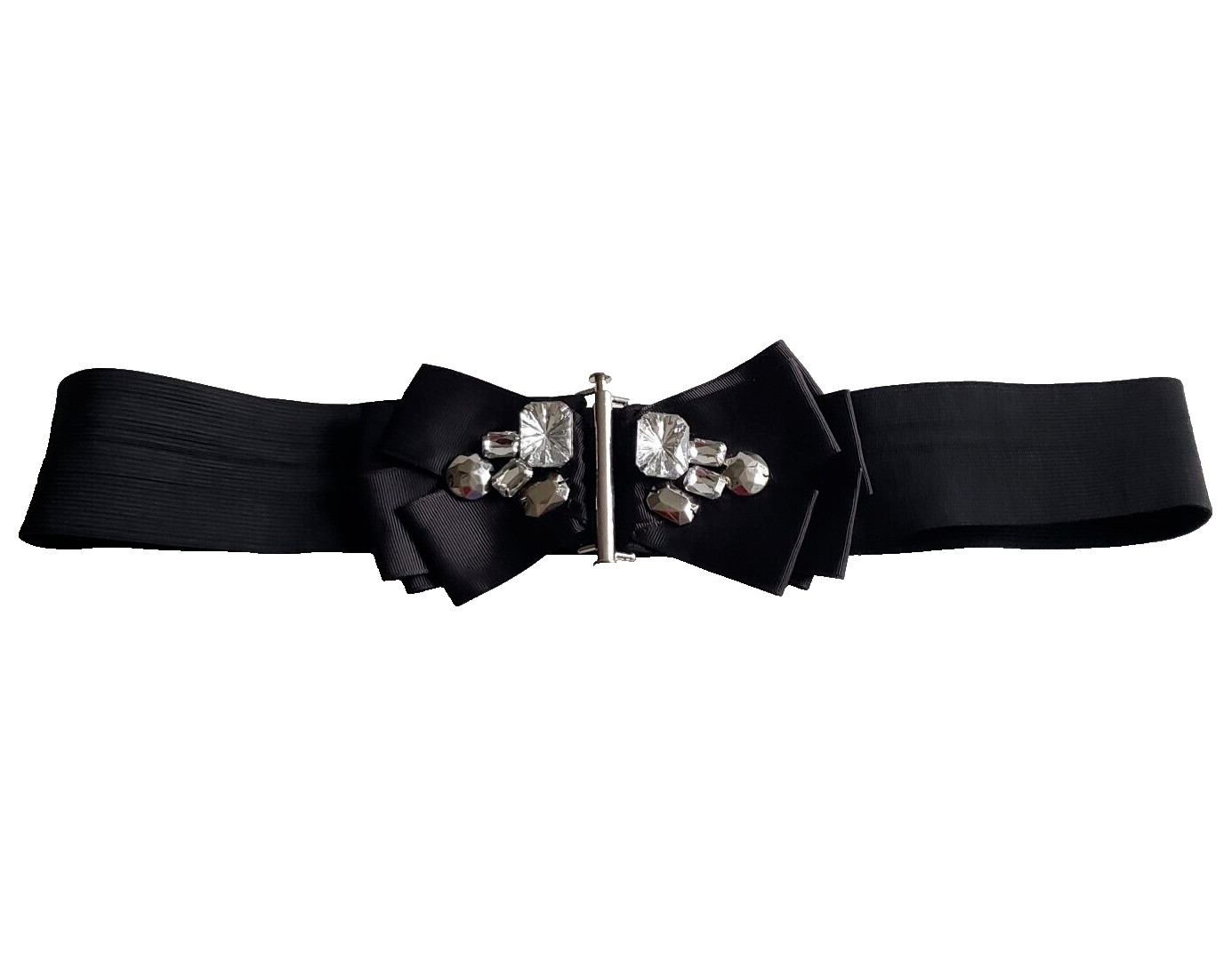 Women’s Belt Black Elastic Wide Waistband Satin Bow Crystal Buckle 32.5 In L