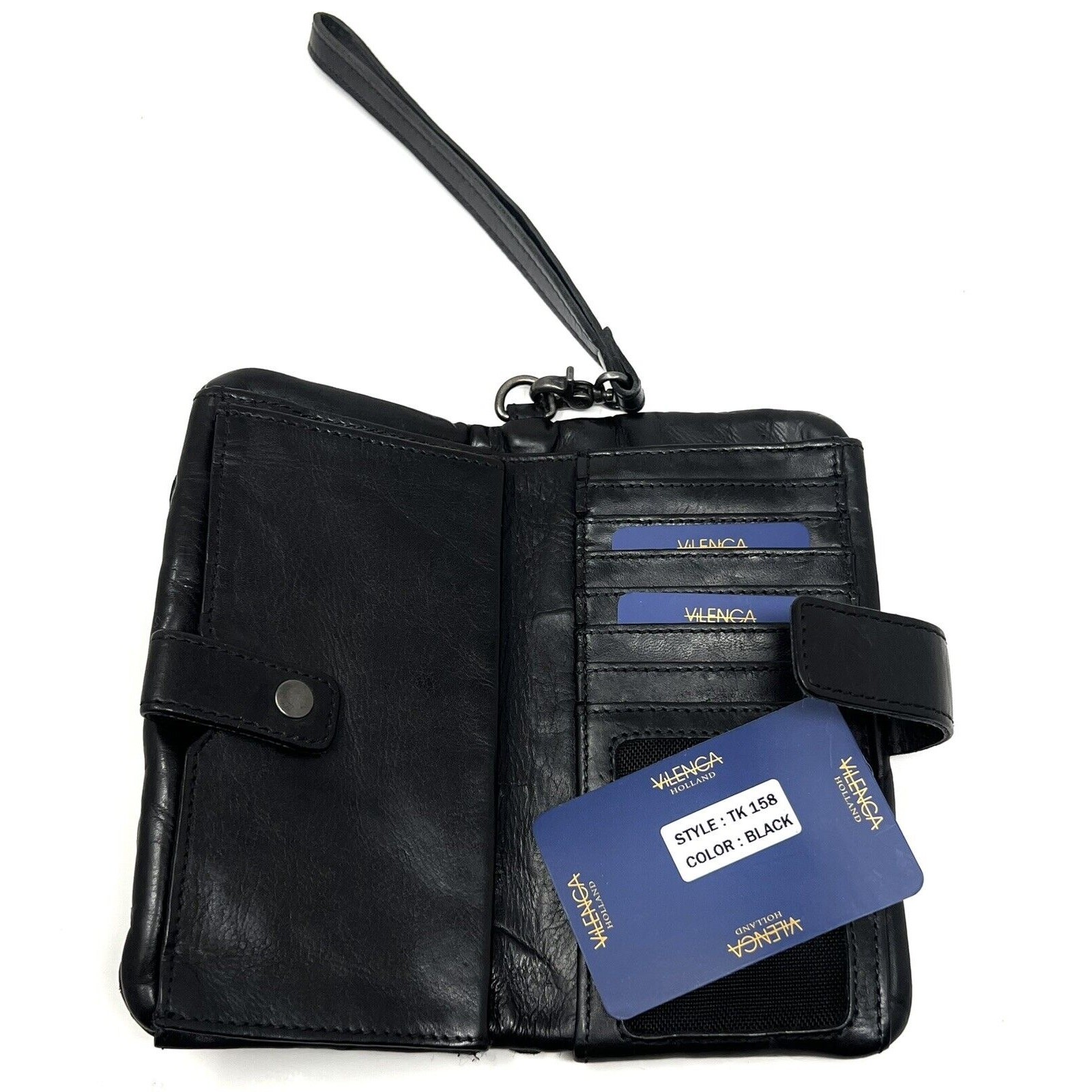 VILENCA Holland Woven Leather Wallet Wristlet Clutch Removable Strap #158 BLACK