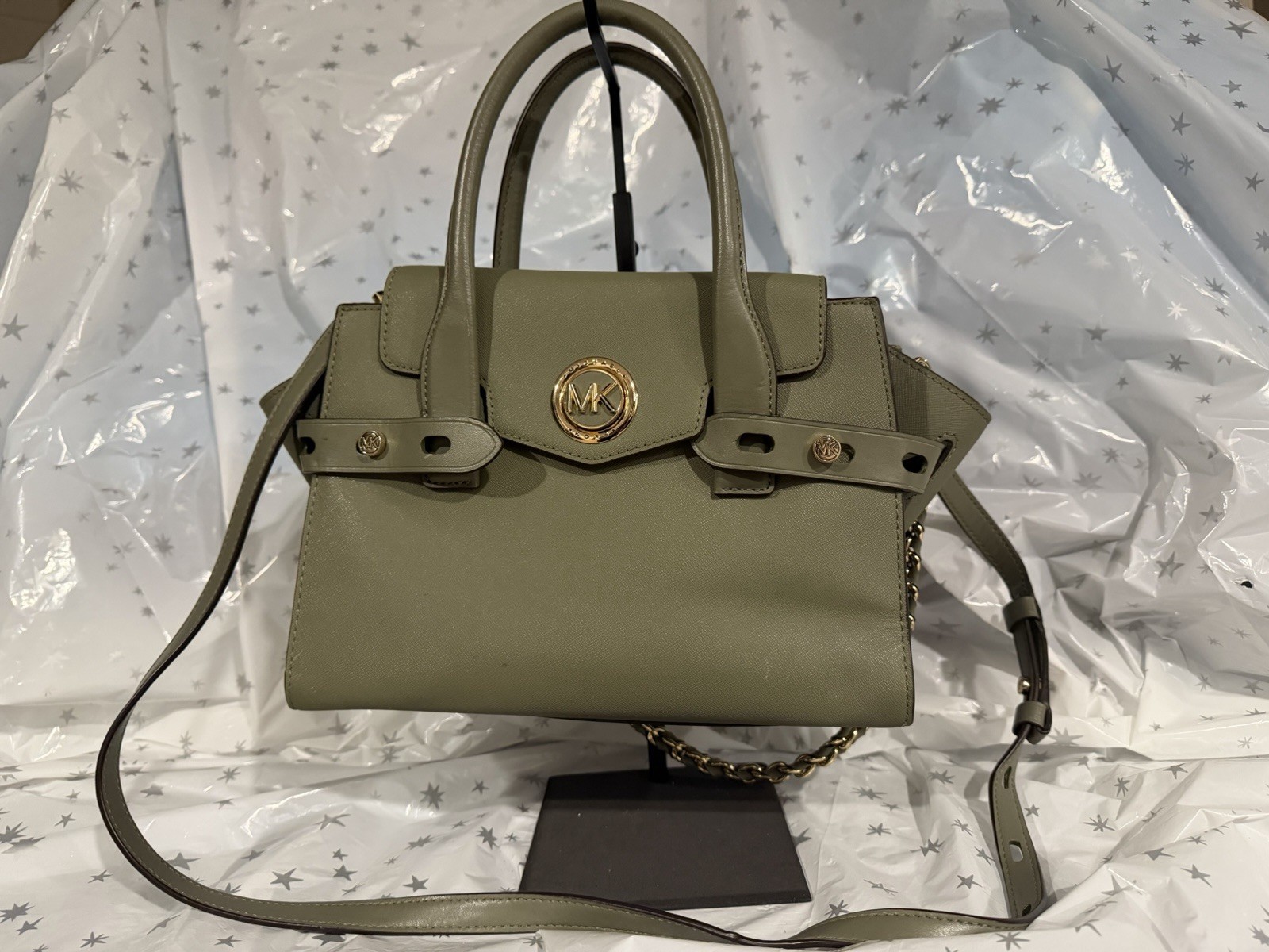 Michael Kors Green Medium Satchel Top Handle Buckle/Zip Gold Detachable Strap
