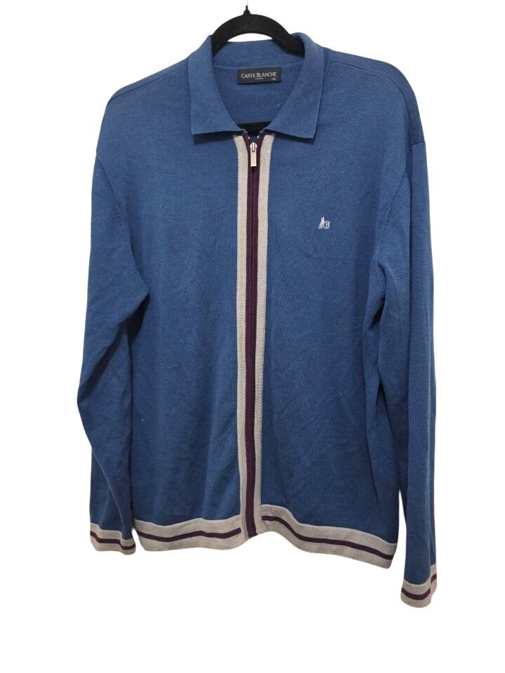 Carte Blanche Paris Men’s Blue Full-Zip Sweater Striped Trim & Collar Size L