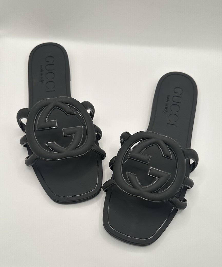 Gucci Interlocking G Jelly Rubber Slide Sandals Black Logo 40/9