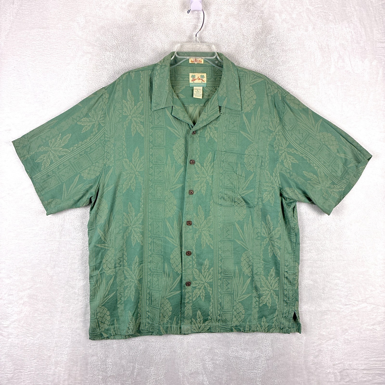 Reyn Spooner Hawaiian Shirt Mens L Green Silk Loop Collar Palm Pineapple AOP