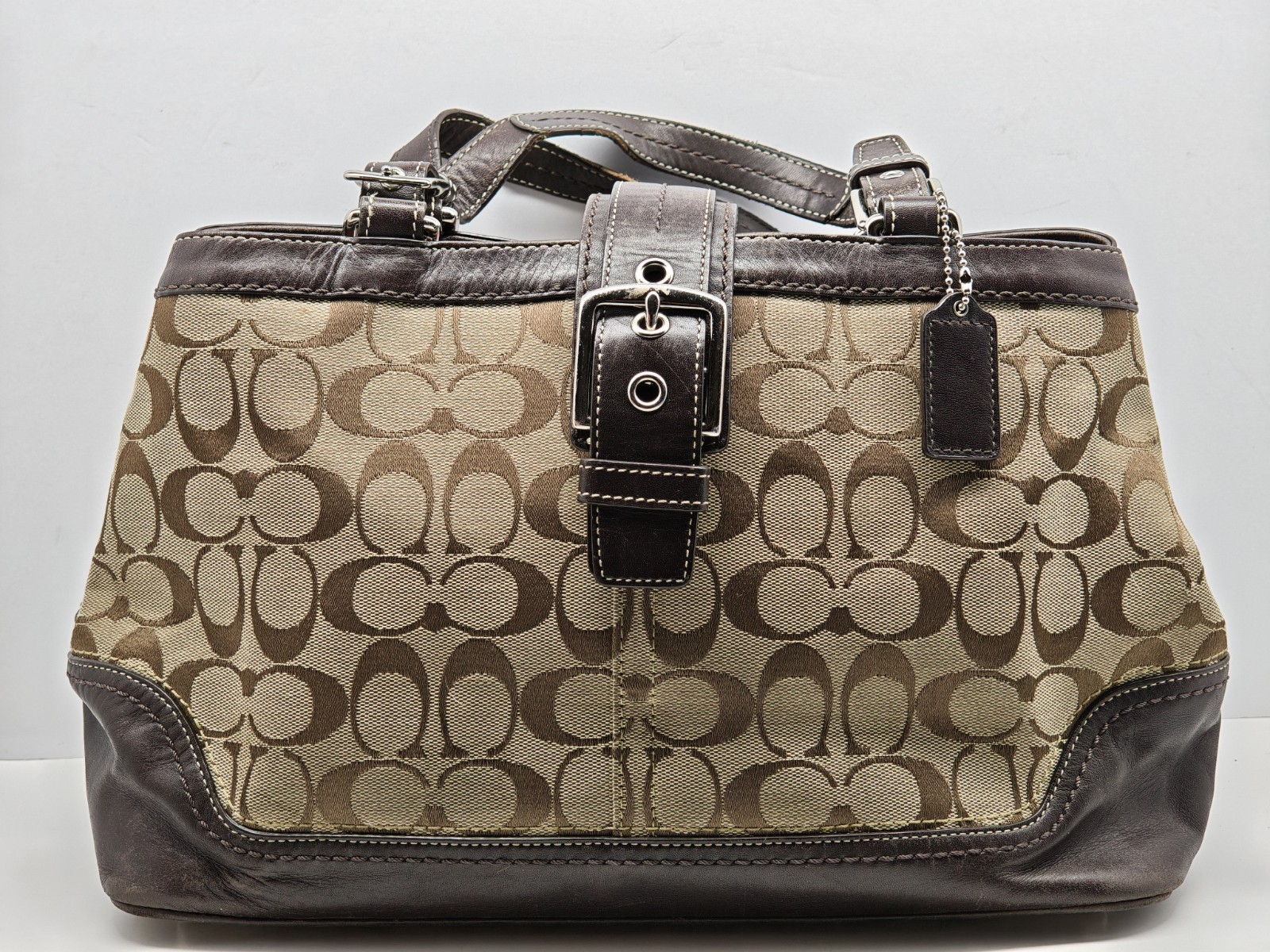 COACH | Brown Logo Shoulder Bag Buckle Accent Double Handles Silver Hardware