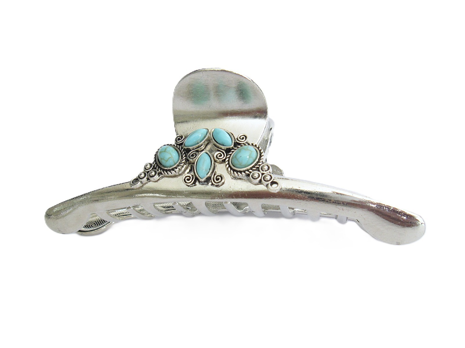 Large shiny turquoise blue stone silver metal western hair claw clip