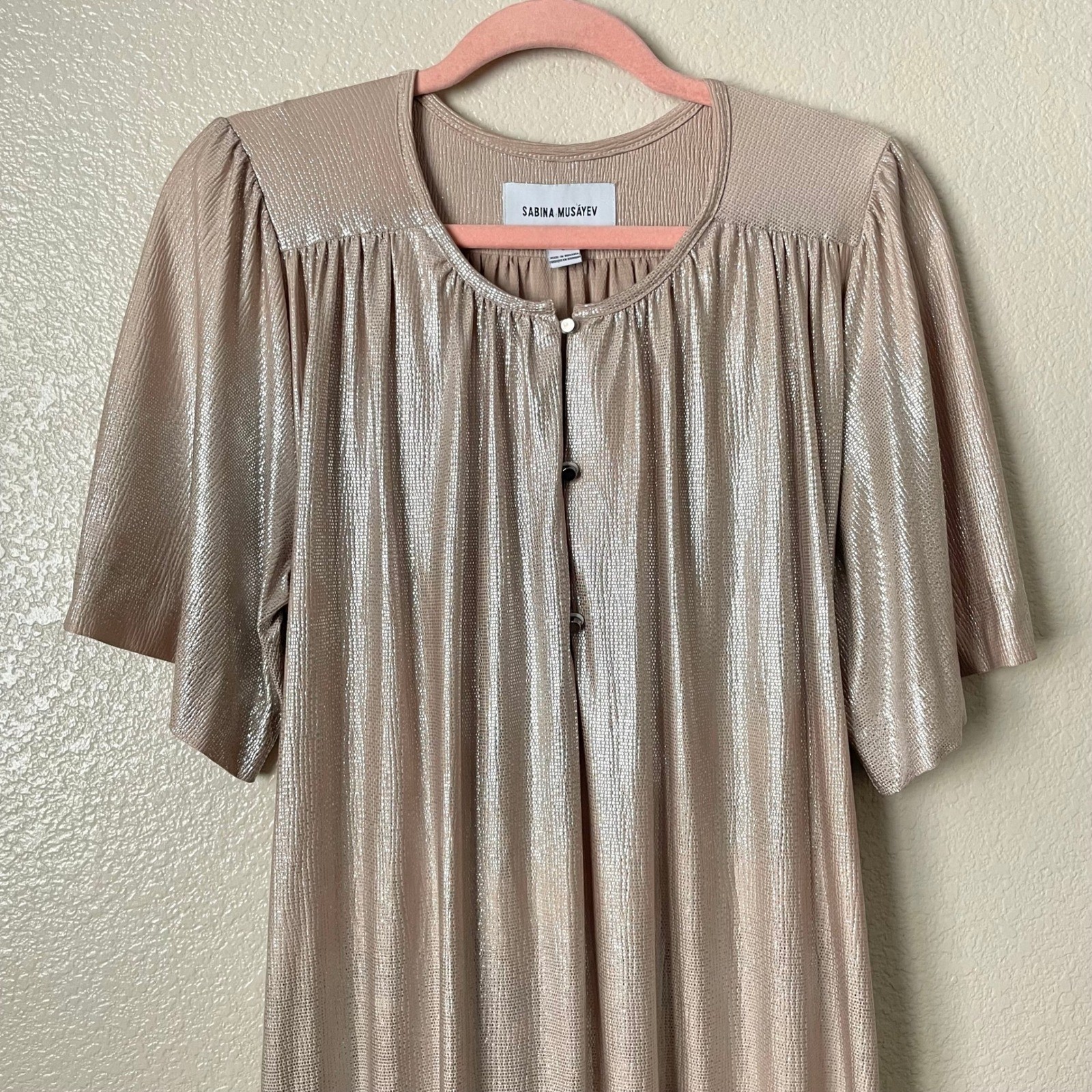Sabina Musayev Dress Large Metallic Shimmer Pleated Mini Button Front Belted