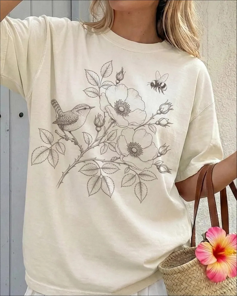 Summer Shirt Bird Shirt Flower Print Shirt Cottagecore Shirt Floral Shirt Gift