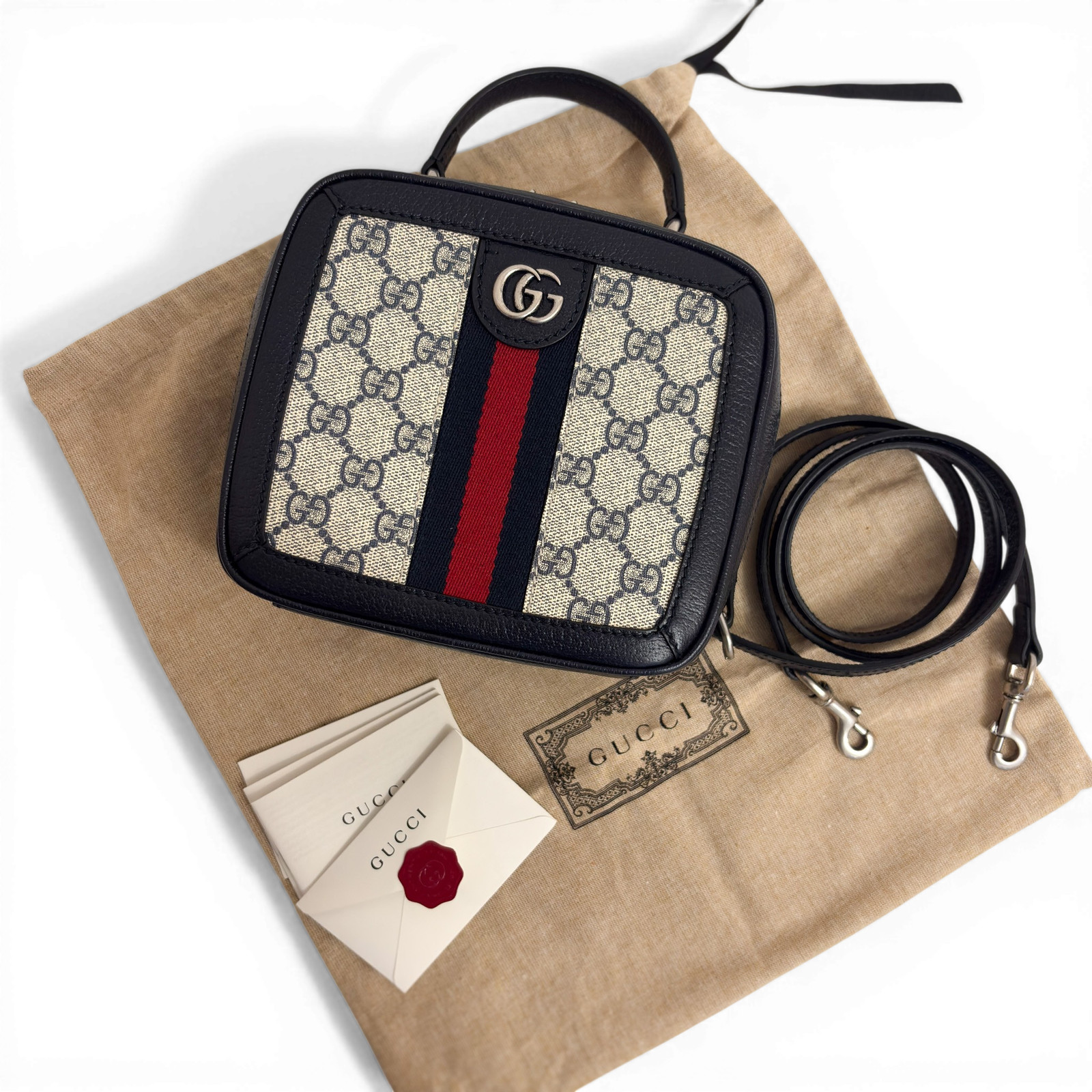 GUCCI GG Supreme Monogram Small Ophidia Top Handle Shoulder Bag Beige Navy