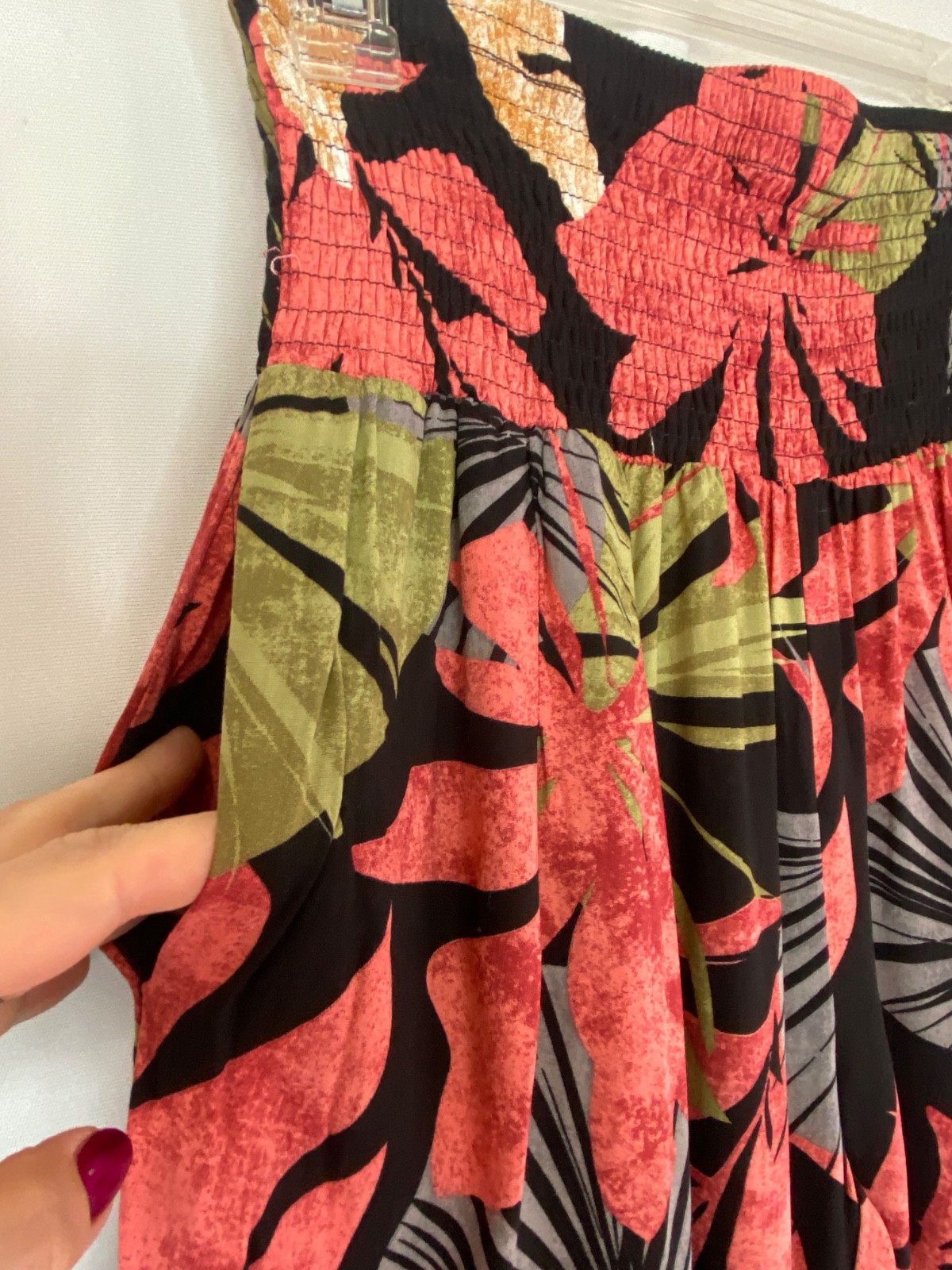 Tropical wide leg pants L XL black coral orange smocking stretch waist lounge