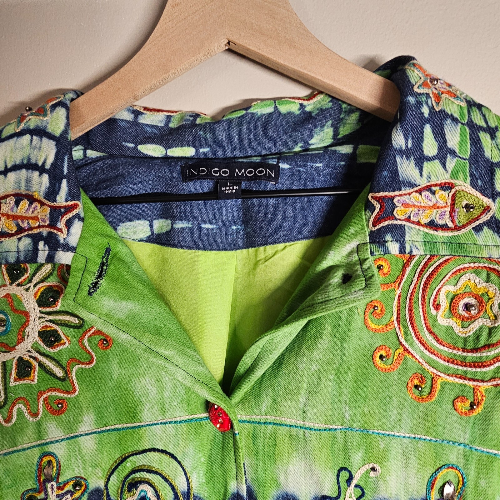 Indigo Moon Large Jacket Green Tie Dye Blue Denim Embroidered Beaded Boho Artsy