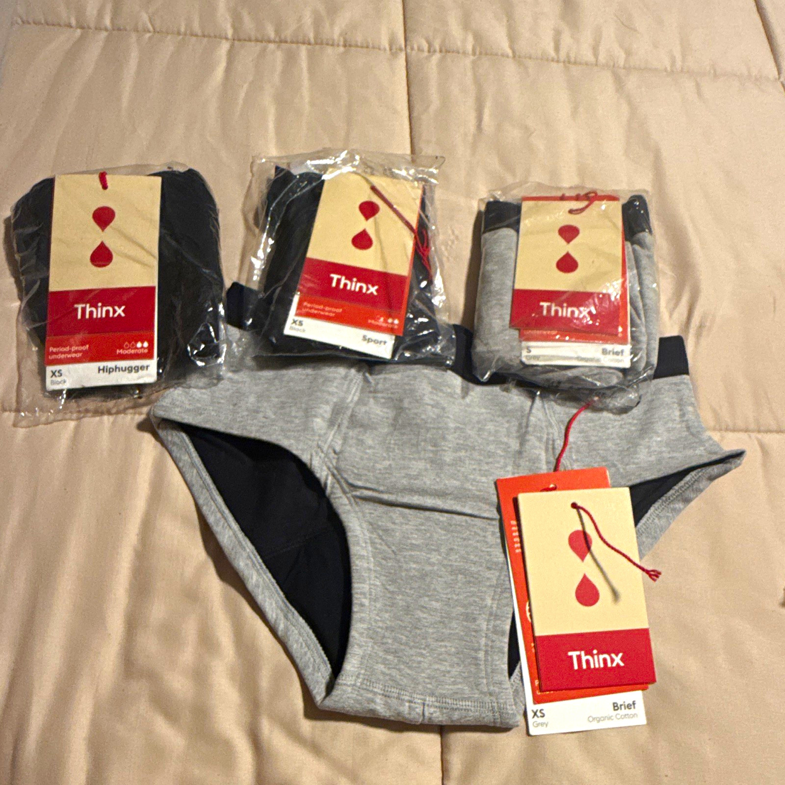 Thinx Women’s XS Brief Period-Proof Panties Organic Cotton Gray Solid 3 Pack