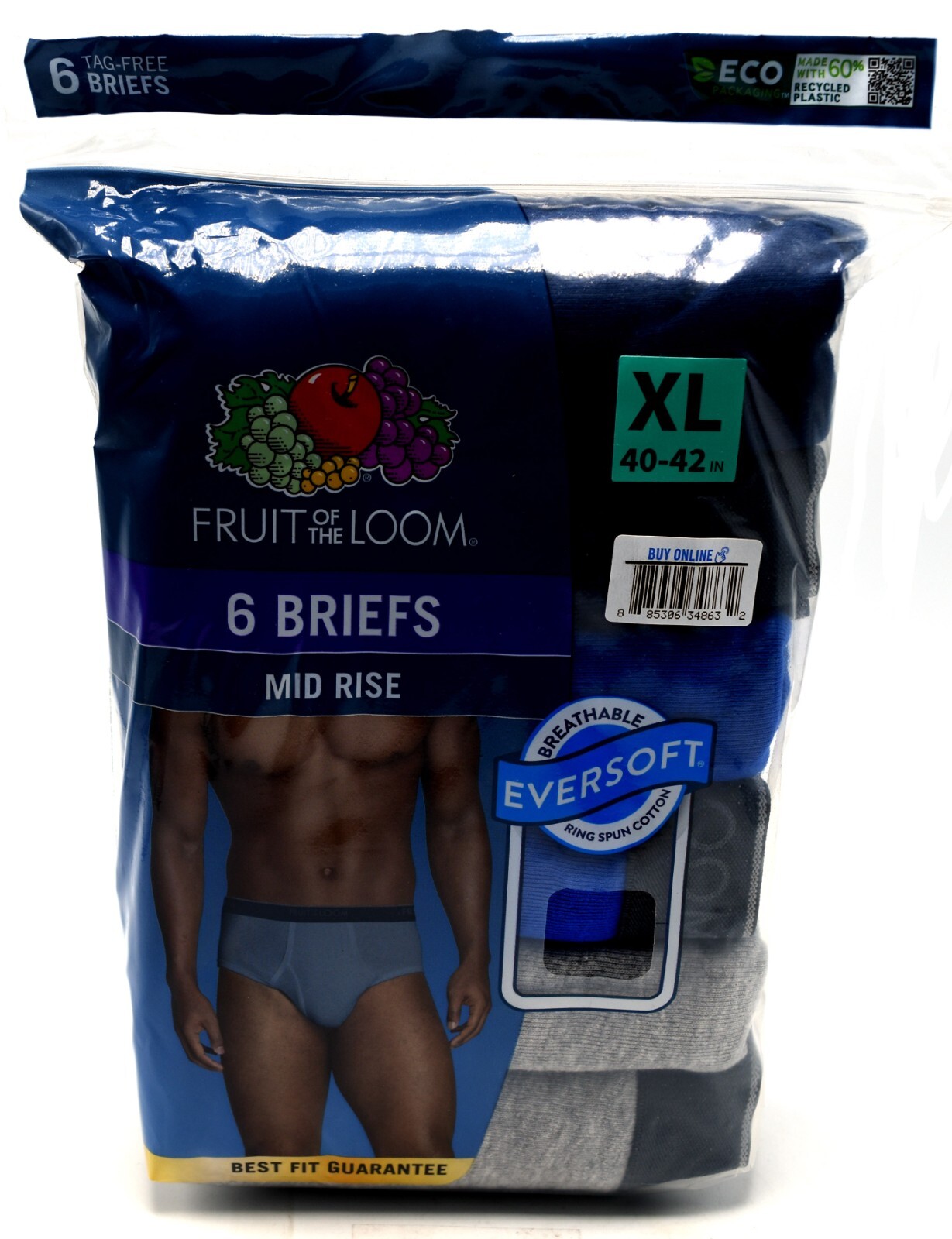 6 Blue Gray Extra Large XL 40-42 Briefs Mid Rise Fruit of the Loom EG 102-107 CM