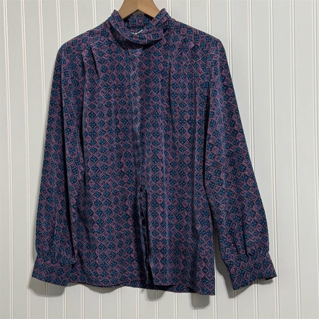 Vtg PENDLETON 10 Mock Neck Blouse Geometric Teal Purple ShoulderPads 90s Classic