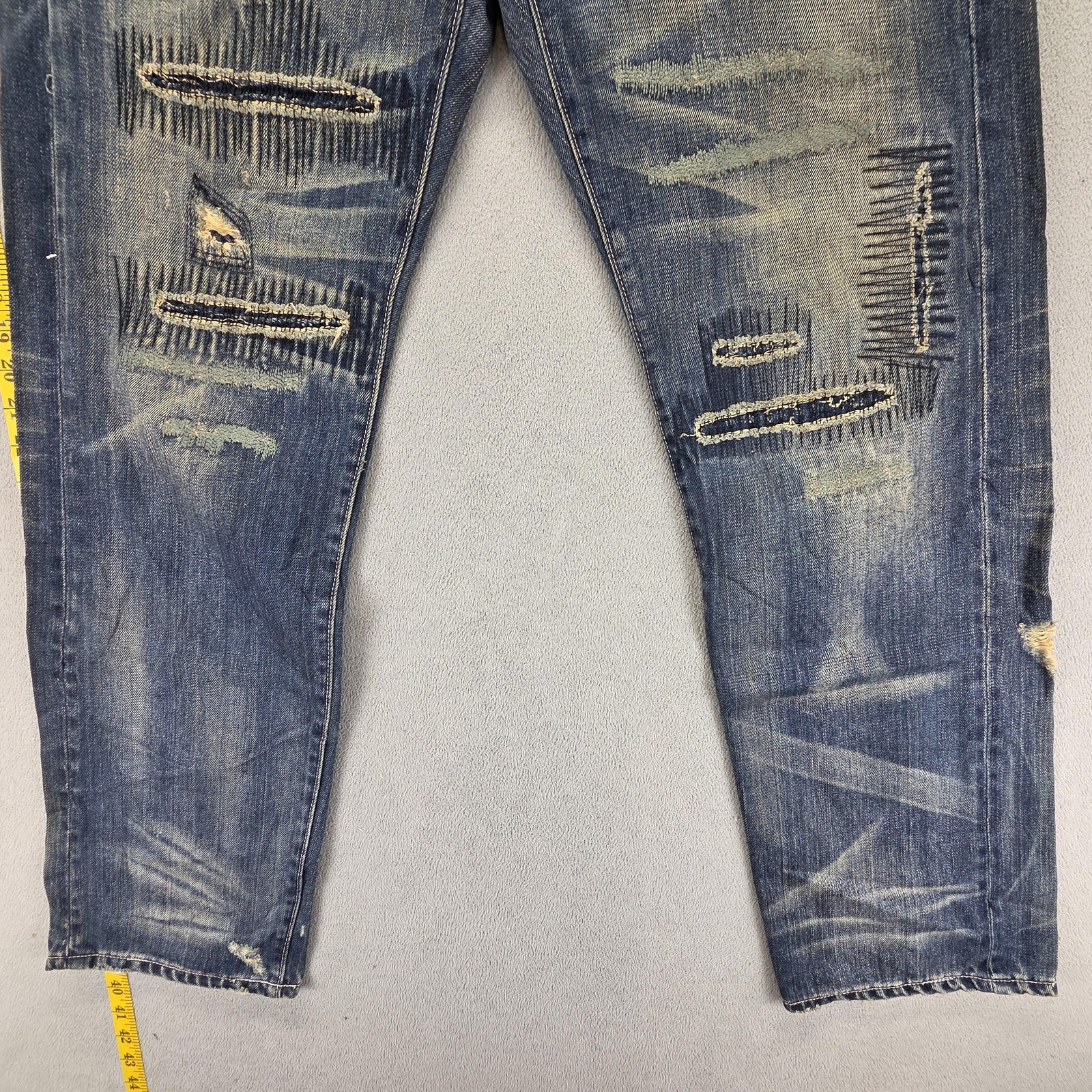 Selvedge Jeans Mens Blue Thrashed Patchwork Whiskers Honeycomb Fits 33×31