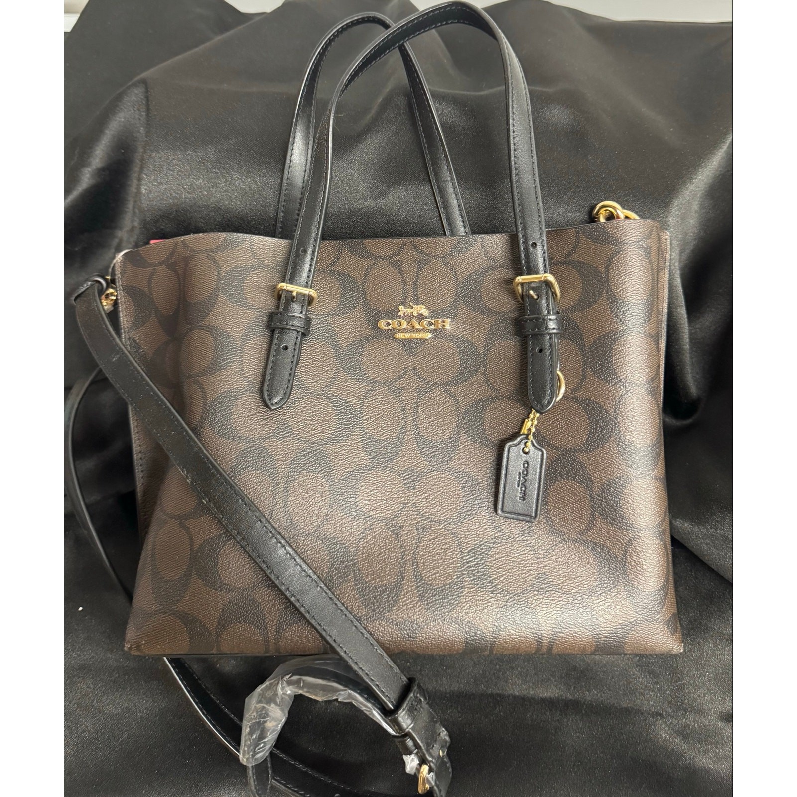 Coach Signature PVC Leather Zip Tote Crossbody Brown Black Gold EUC