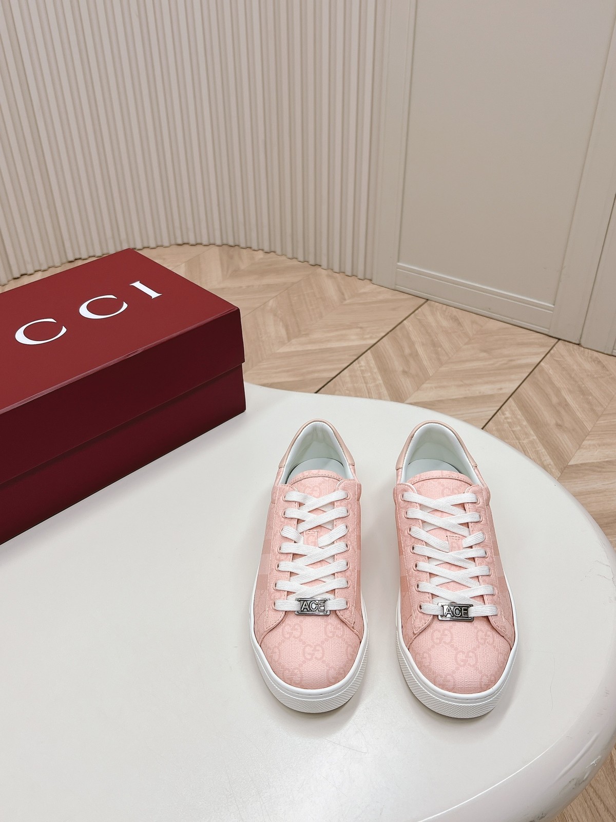 Gucci Ace Pink GG Supreme Canvas Sneakers Women White Web Stripe Low Top Shoes