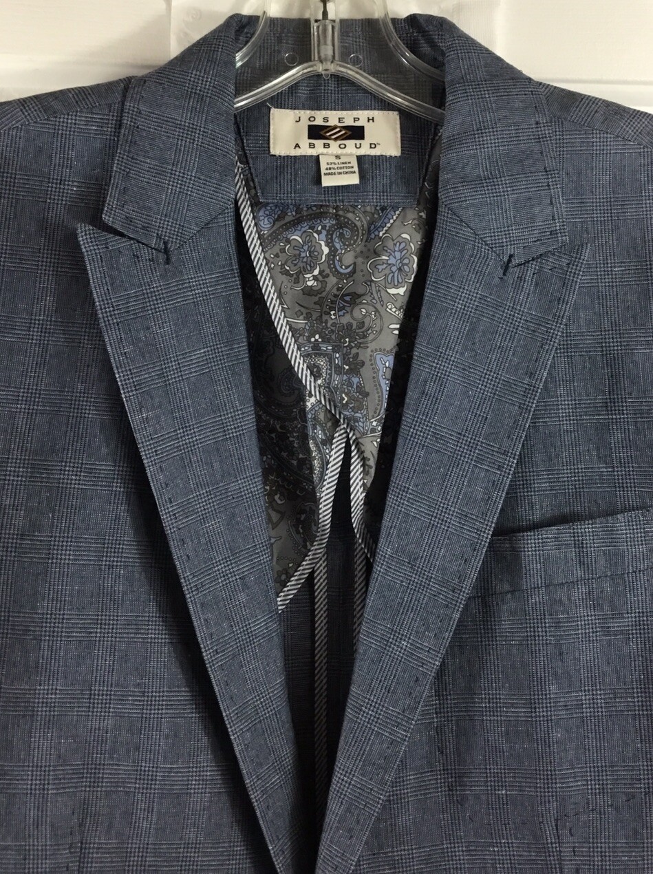 Joseph Abboud Sport Coat Mens S Blue Linen Cotton Blazer Glen Plaid Surgeon Cuff