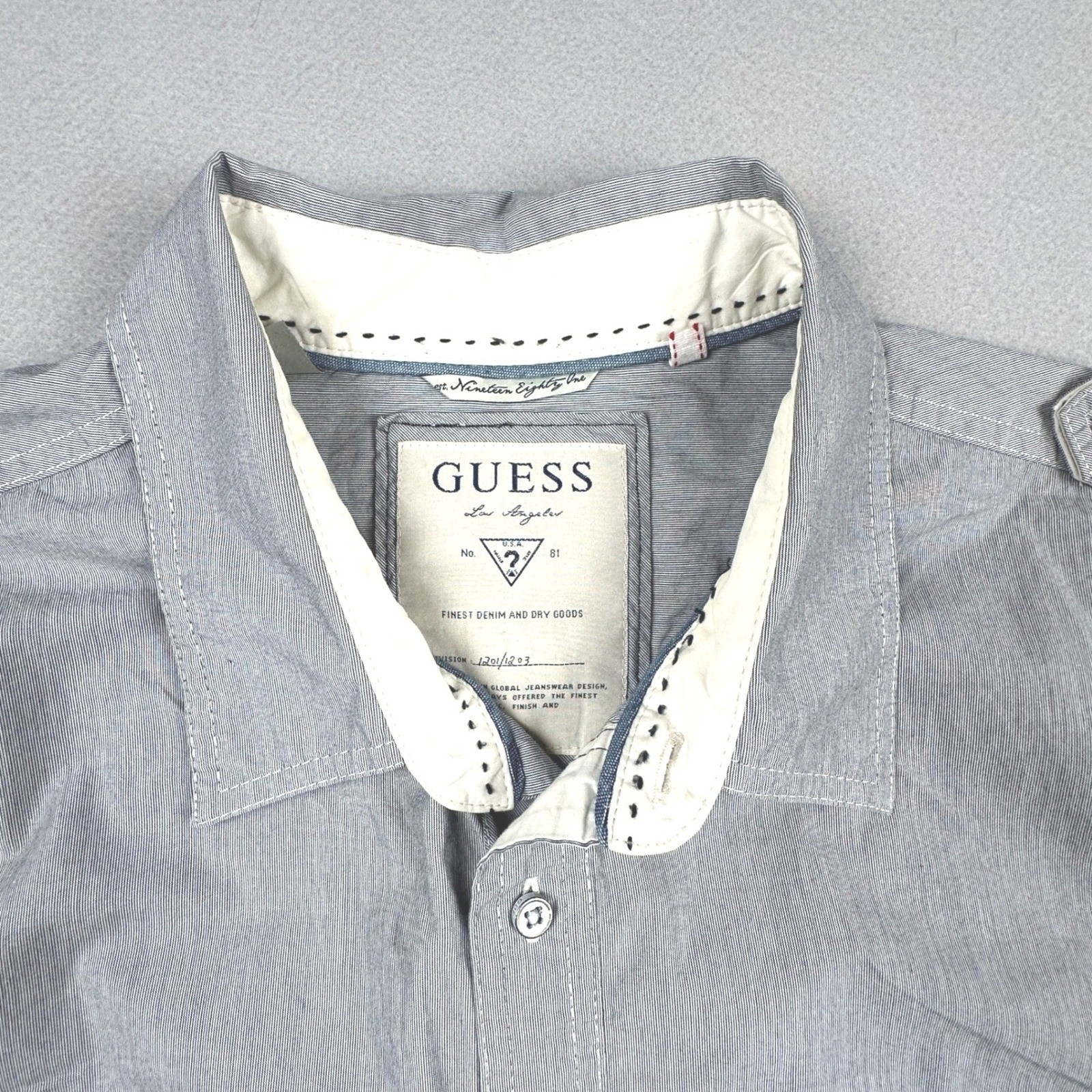 Guess Los Angeles Mens XXL Grey Pinstripe Military Button Down Shirt Epaulettes