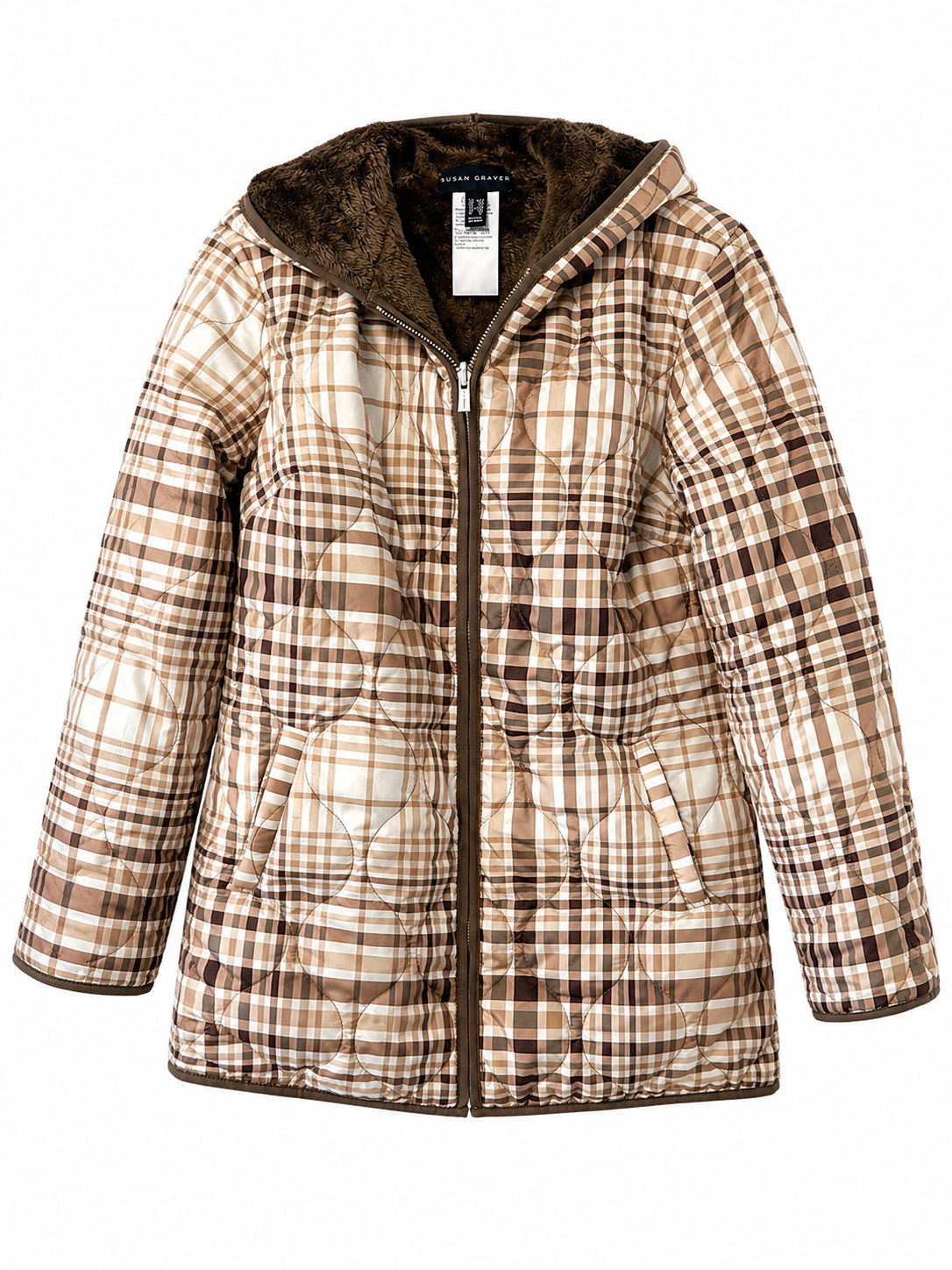 Susan Grave Women’s Reversible Quilted Plush Fleece Jacket Taupe Plaid XXS. New