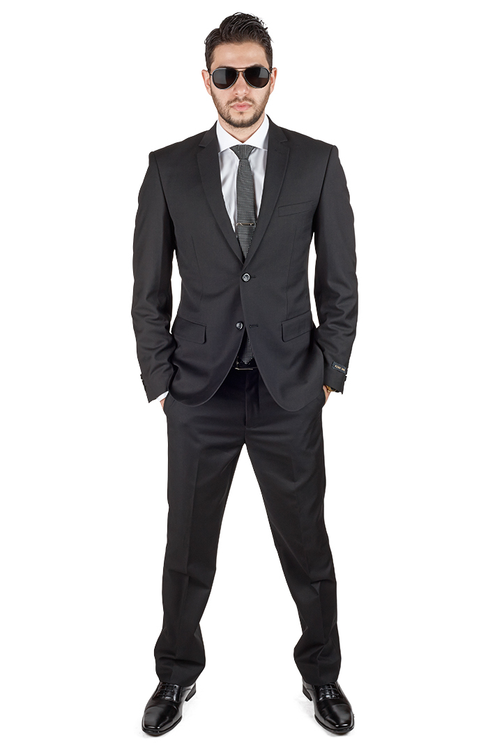 Solid Black Slim Fit Mens Suit 2 Button Notch Lapel Fitted Flat Front Pants AZAR
