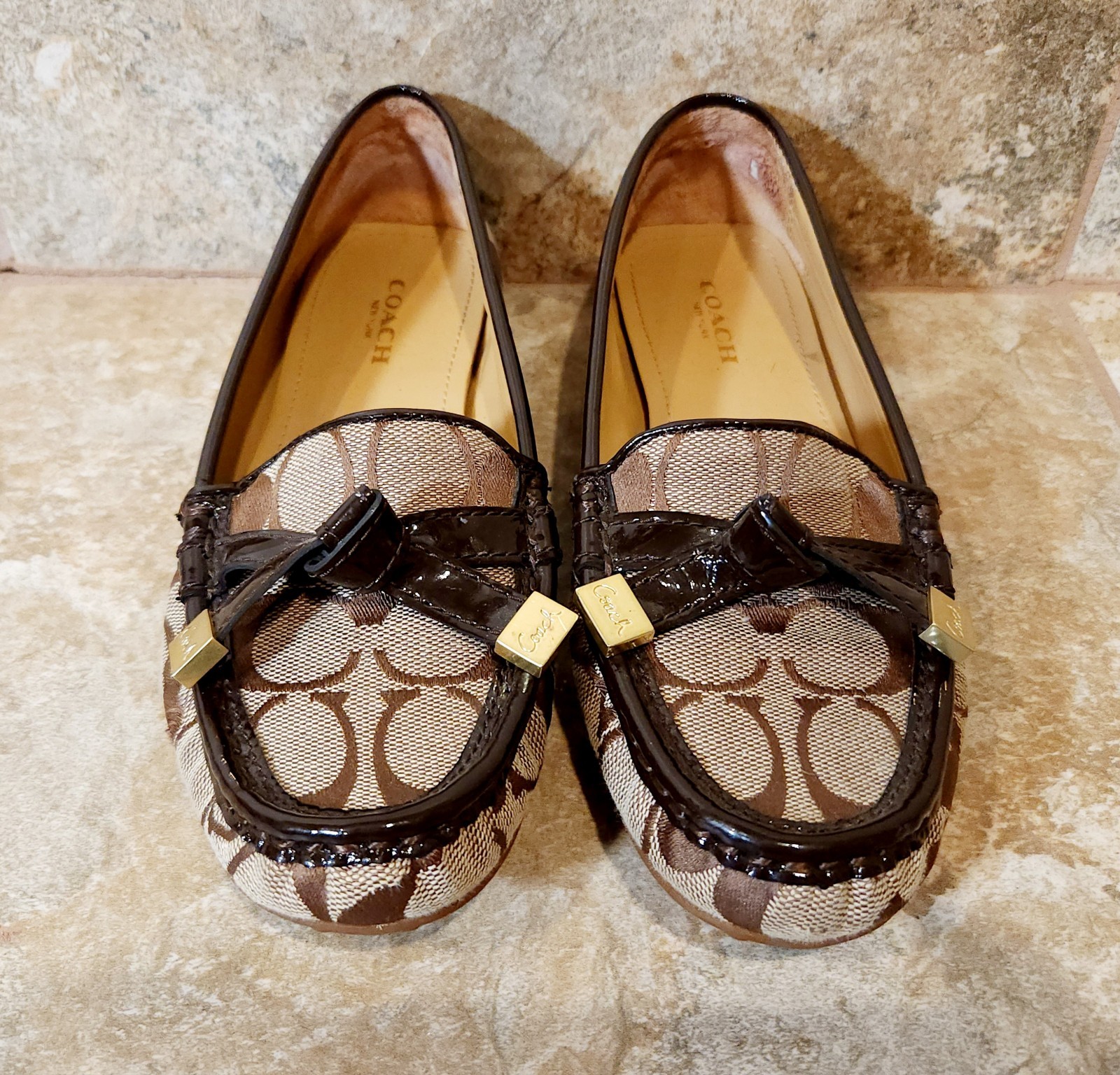 Coach | Women’s 5 B Frida Monogram CC Canvas Brown Leather Driver Loafers EUC ✨️