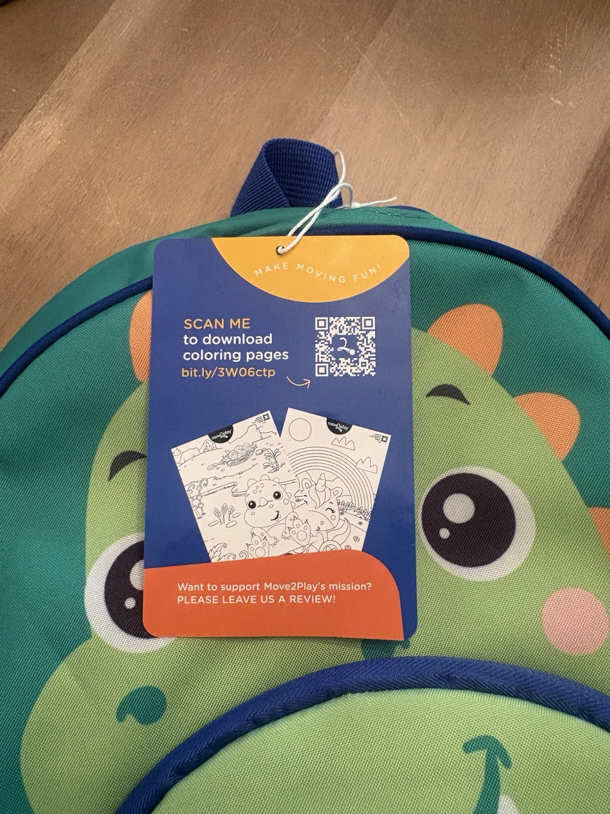 Move2Play Dinosaur Kids Backpack Water Resistant, Green/Blue/Orange, Pockets