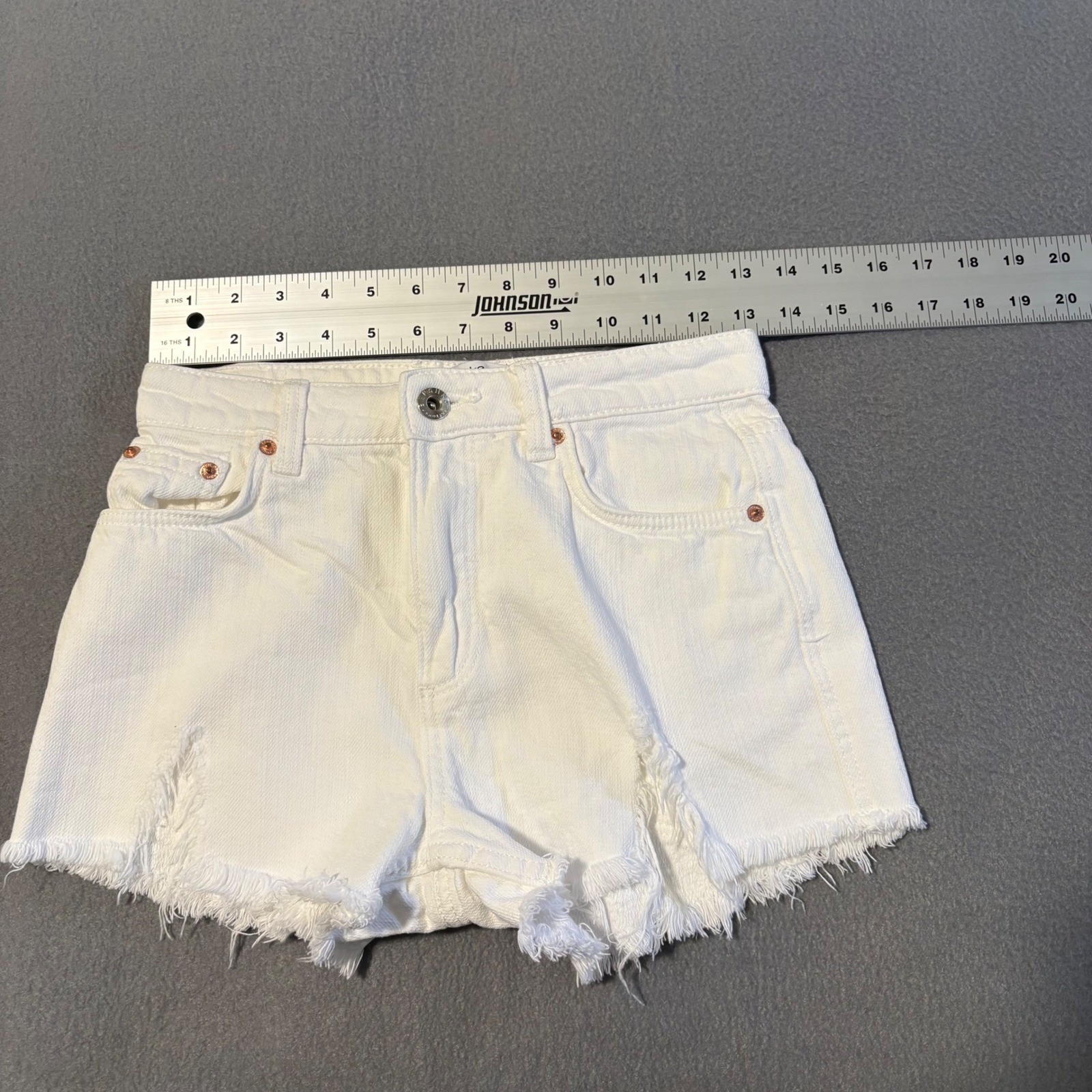 Bershka Denim Shorts Womens 00 White Distressed Frayed Raw Hem Medium Rise