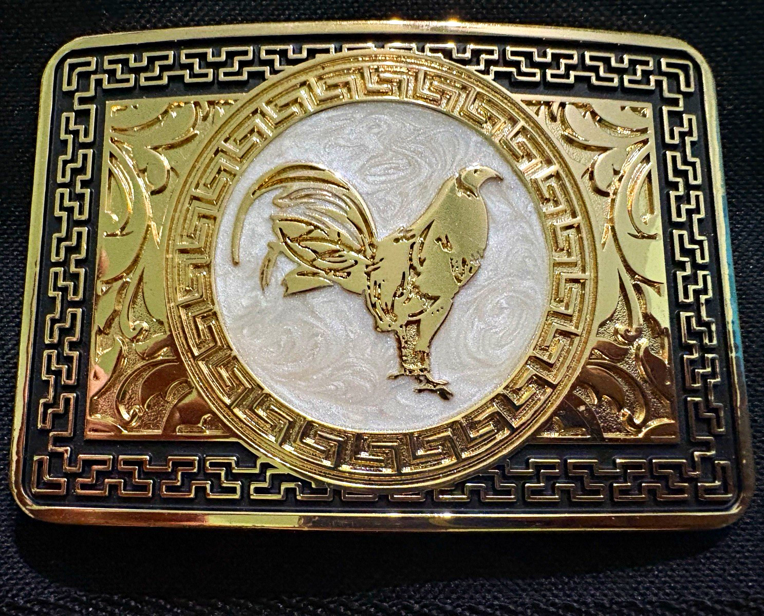 Western Rooster Rectangular Belt Buckle Gold/Black Metal Fits 1.5in Belt