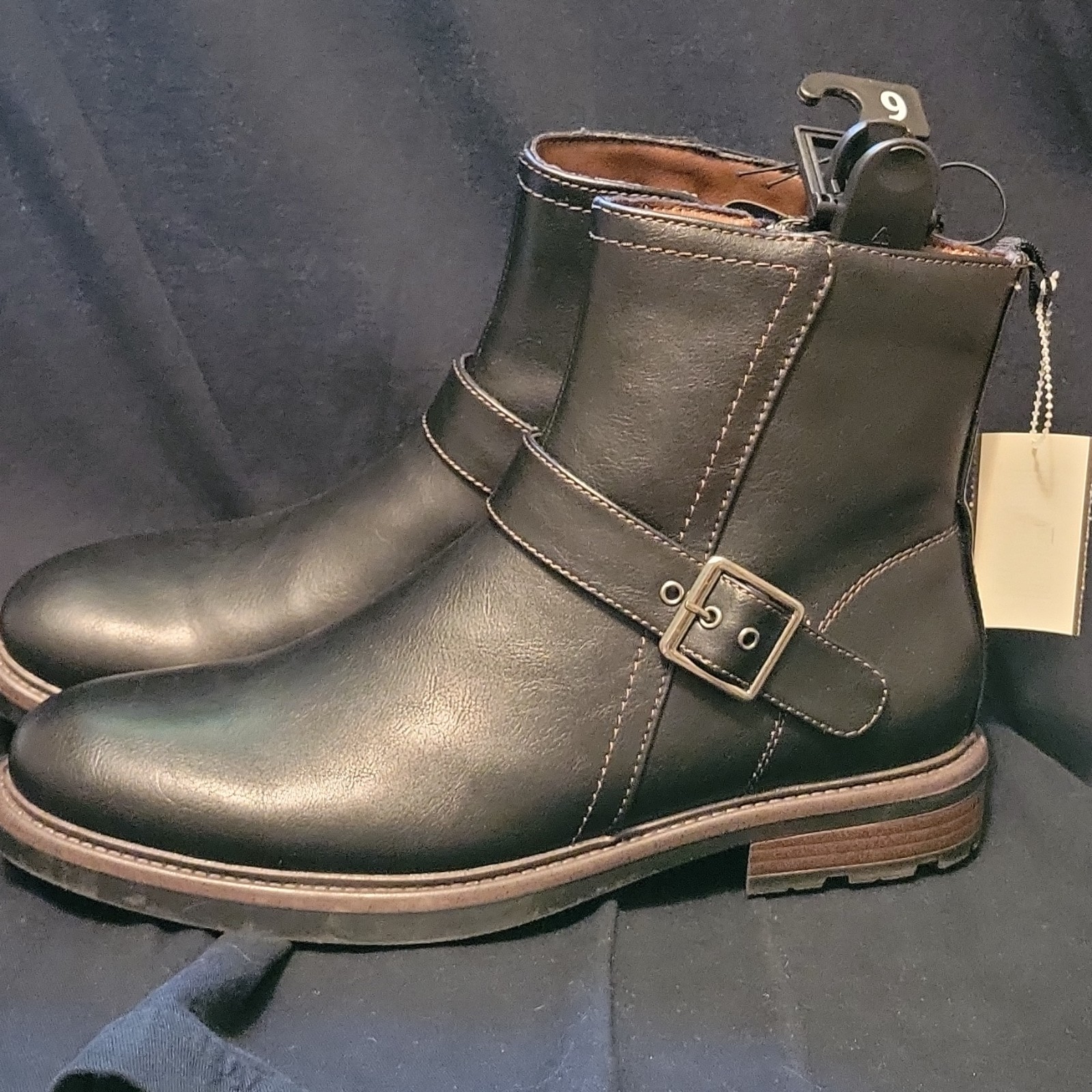 Men’s Black Ankle Harness Boots Buckle Strap Side Zip Synthetic US 9 EU 42