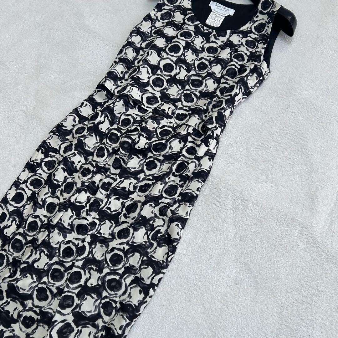 Max Mara Geometric Silk Sheath Dress Black White Sleeveless Lined Auth