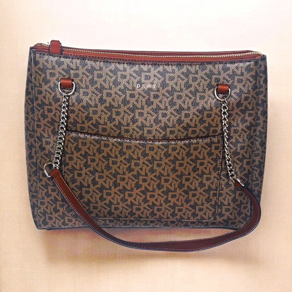 DKNY Brown/Beige Logo Medium Shoulder Bag Zip Top, Chain, Detach Strap