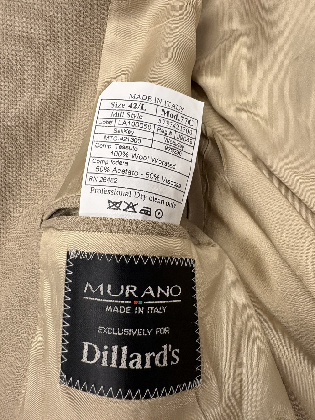 Vintage Murano Italy 100% Worsted Wool Blazer 42L Tan 3-Button Suit Jacket