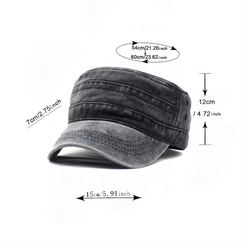 Black Washed Vintage Flat Top Cap, Cotton Military Cadet Army Caps Unique Design