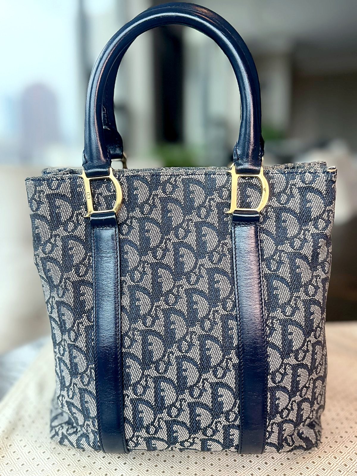 Authentic Christian Dior Navy Trotter Monogram Canvas Tote Bag Gold Hardware