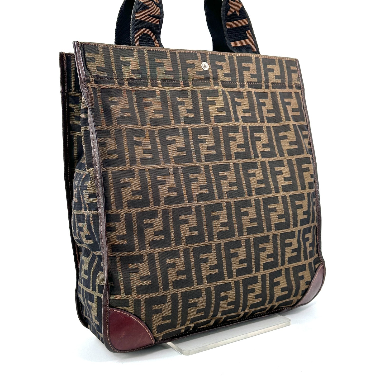 FENDI Zucca Print Tote Bag, Brown, Canvas, Nylon, Leather, Authentic