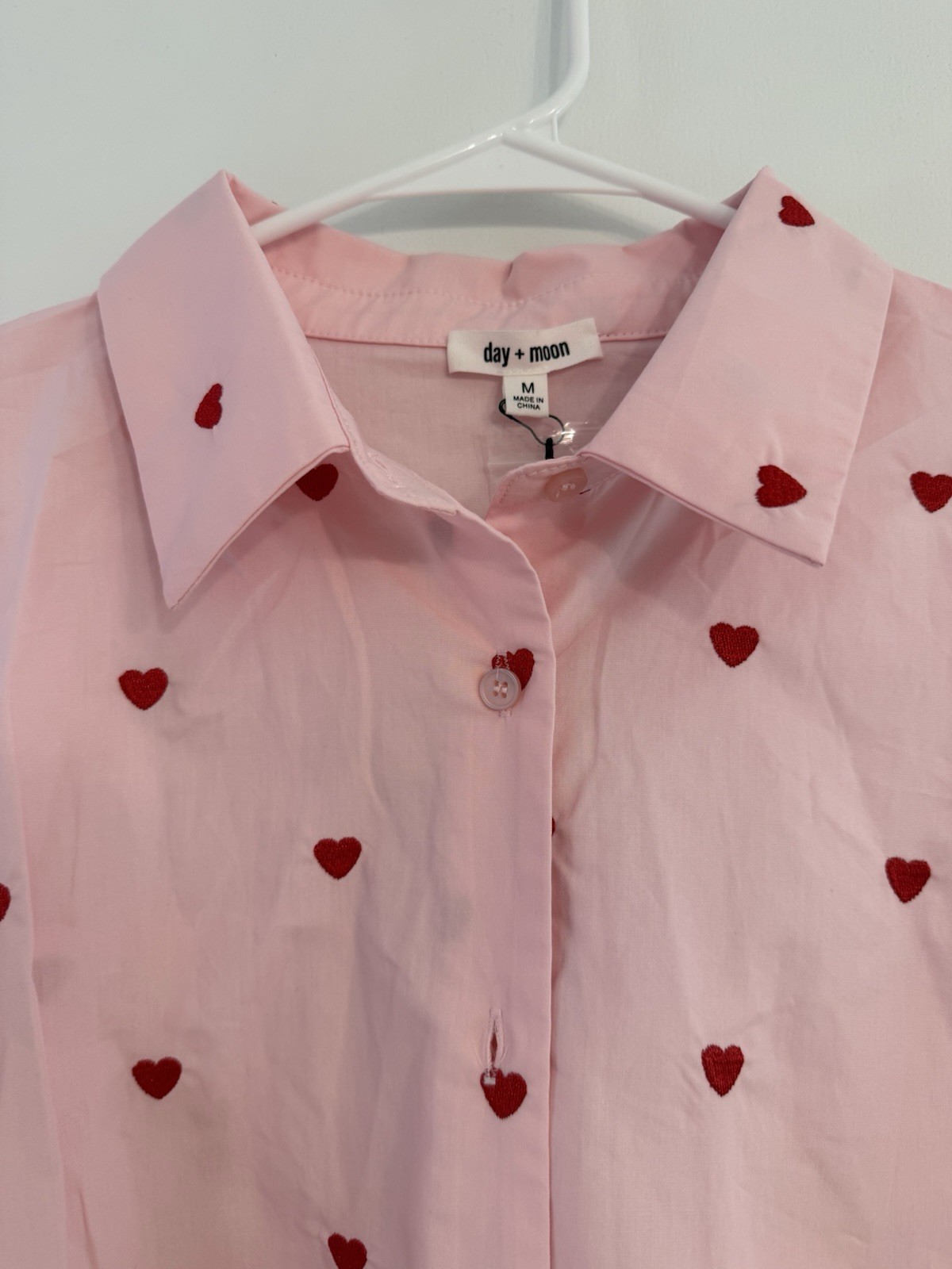 Heart Embroidered Button Down Blouse With Puff Sleeves Size M