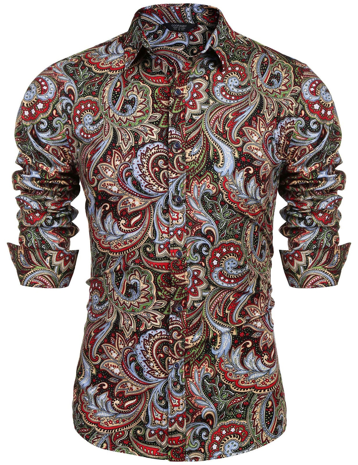 Men’s Floral Print Button Down Casual Long Sleeve Hawaiian Shirt(Wine Red,L)