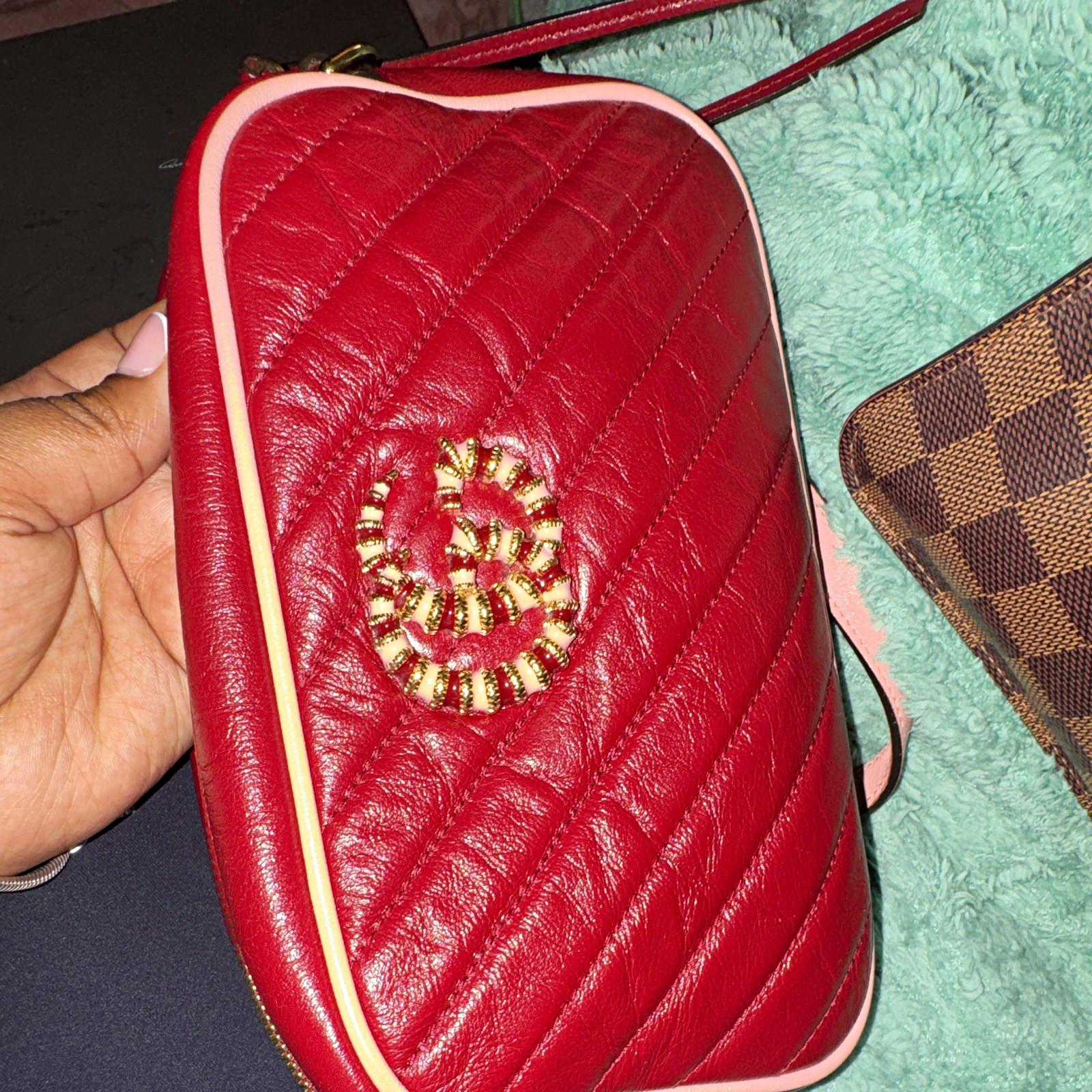 Gucci Small Red Quilted Crossbody Bag Gold Hardware Chain Strap Zip Logo