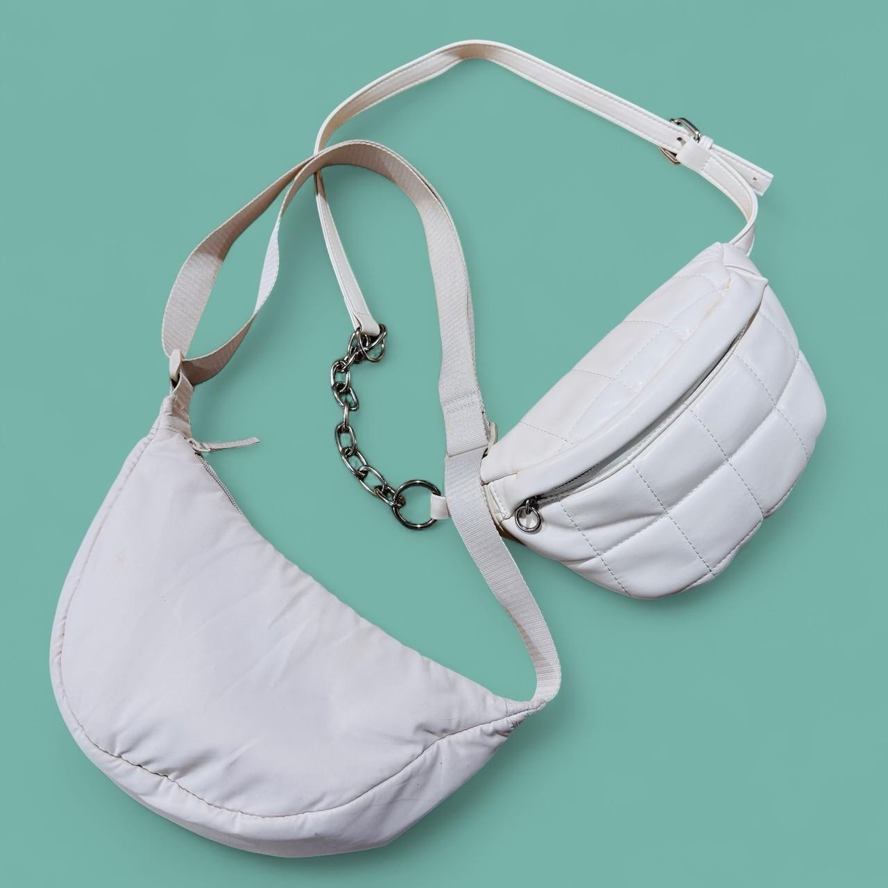 Off White Crescent Shoulder Bag & Quilted Belt Purse Lot Y2K Minimalist Cream