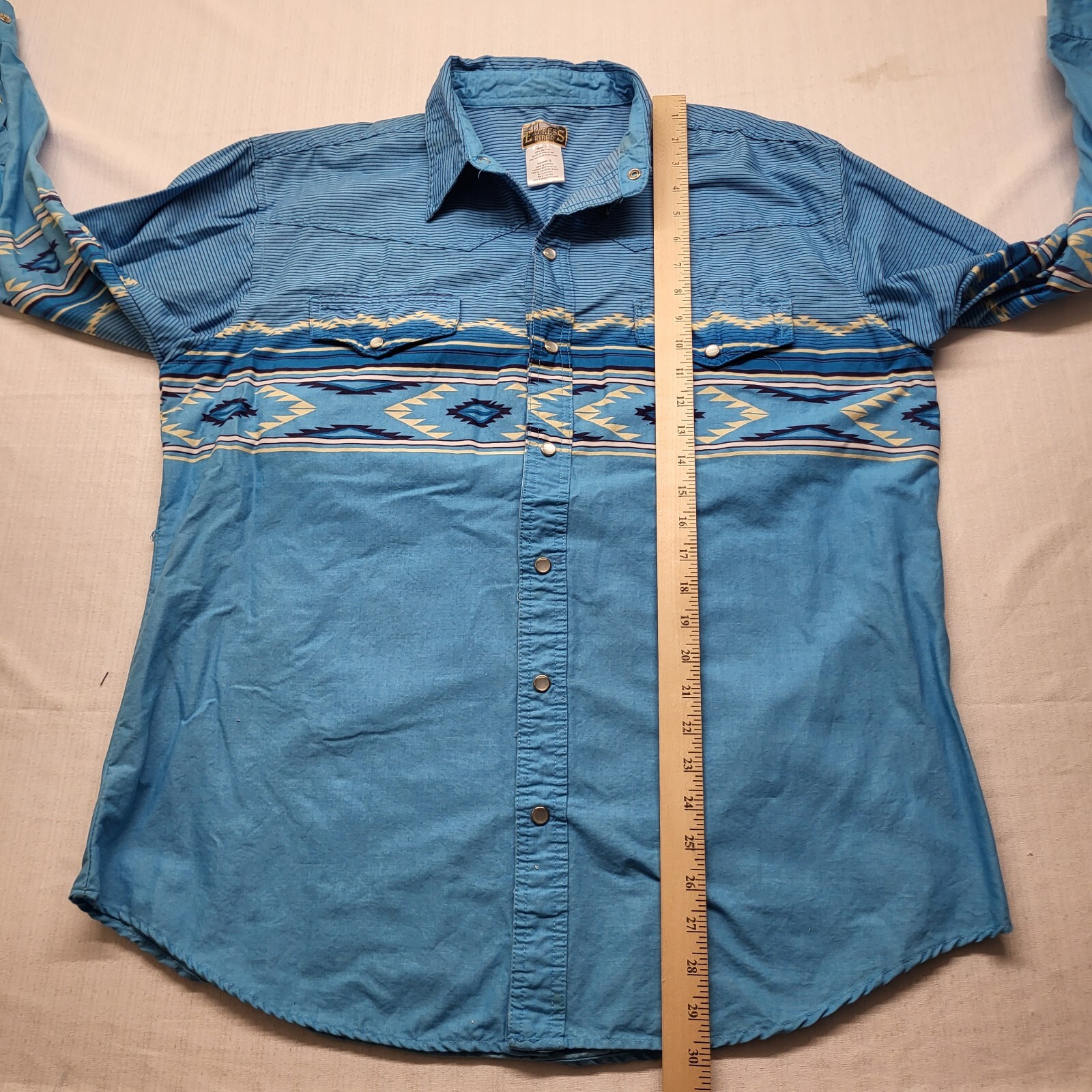 VTG Express Rider Pearl Snap Shirt Mens Large Blue Aztec 90s Western USA Cowboy