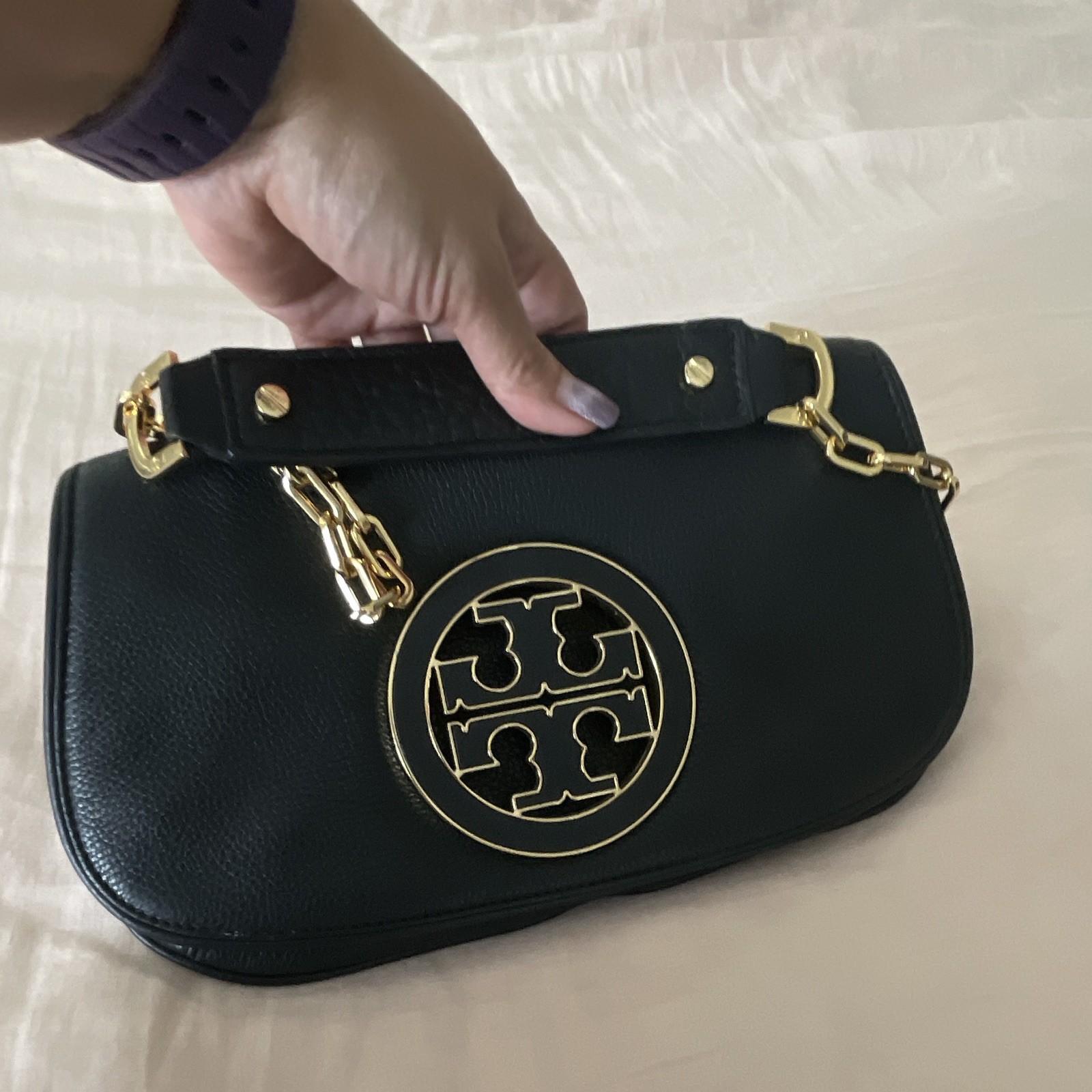 Tory Burch Black Logo Small Crossbody Shoulder Bag Gold Chain Magnetic Flap