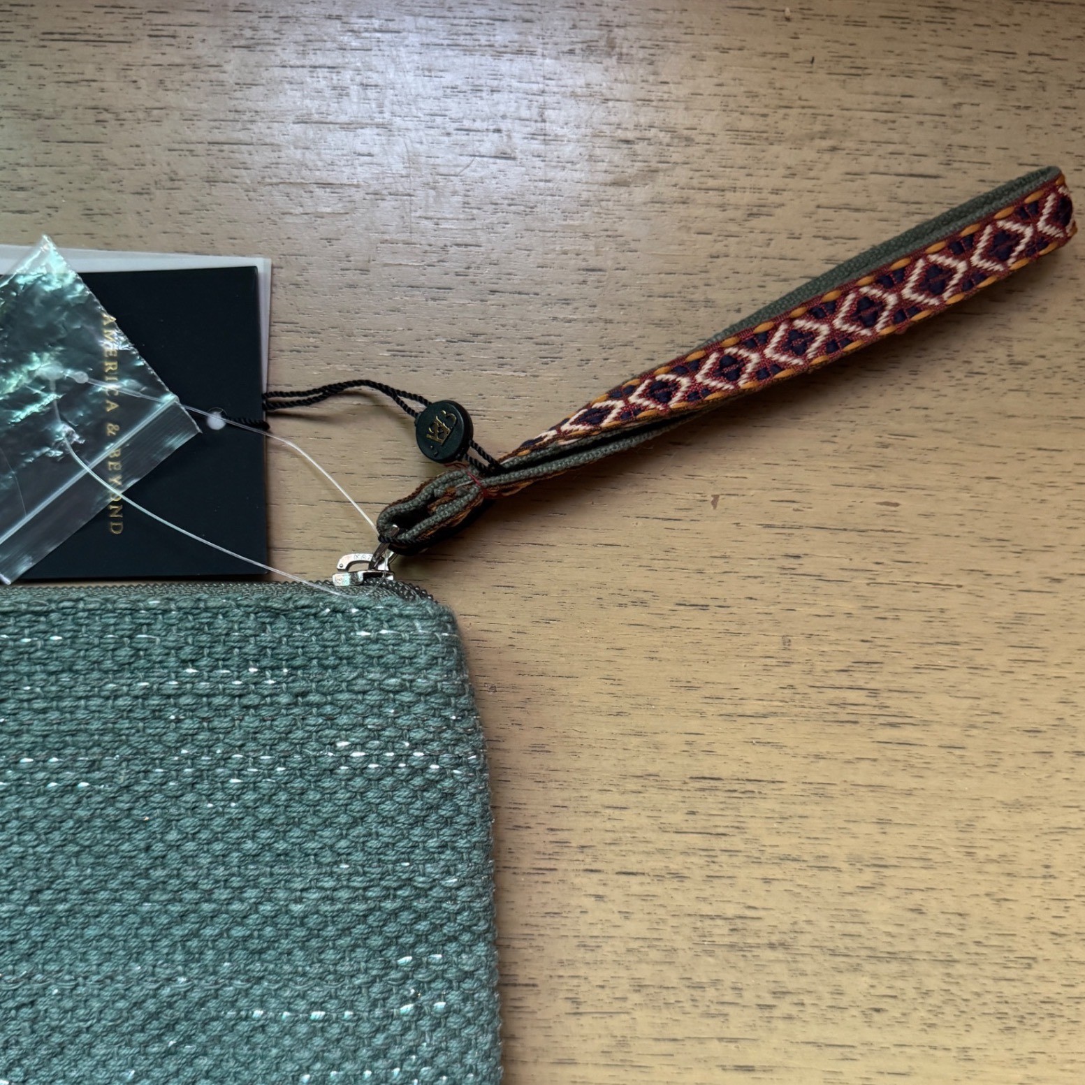 America & Beyond Love Beaded Floral Wristlet Clutch Bag Olive Green Canvas NEW