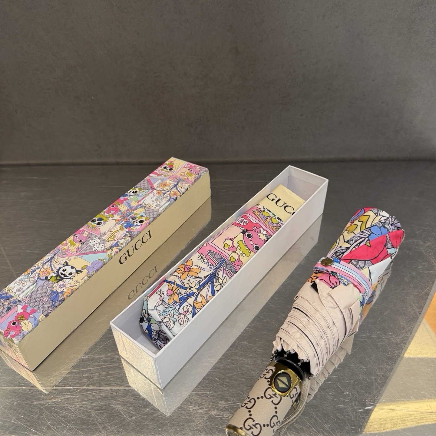 Gucci Women’s Compact/Folding Umbrella Multicolor Graphic Print Logo Handle