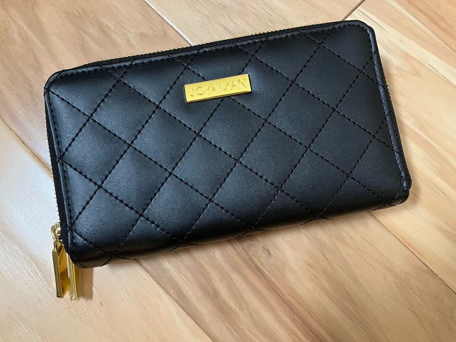 JOY & IMAN Black Double Zipper Leather Wallet 5×8″ 12 Credit Card Slots