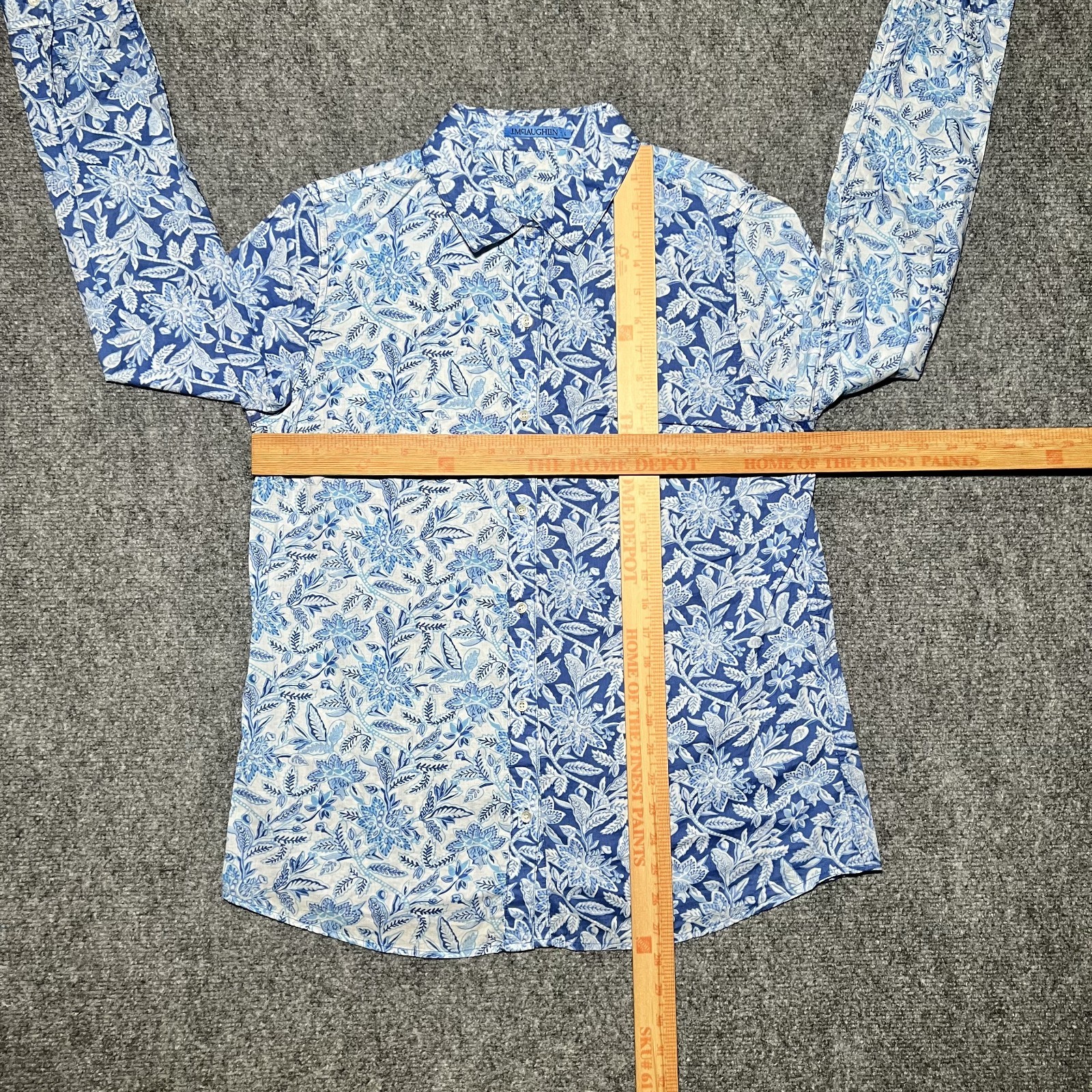J McLaughlin Floral Button Front Shirt Womens Large Blue Cotton Top Long Sleeve